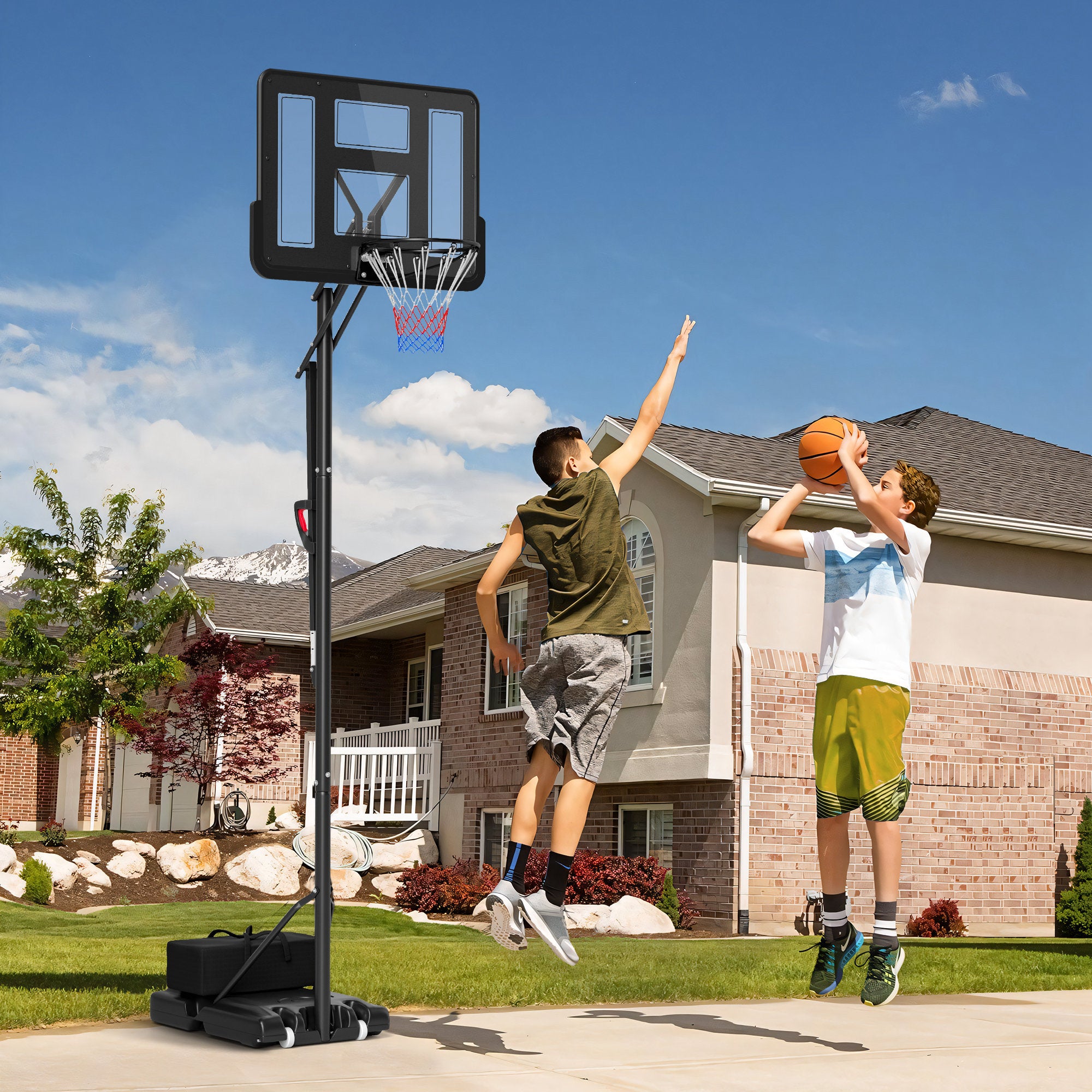 Soozier 7.7-10ft Portable Basketball Hoop, Basketball Goal with Free Weight, Wheels, 43" Backboard and Fillable Base