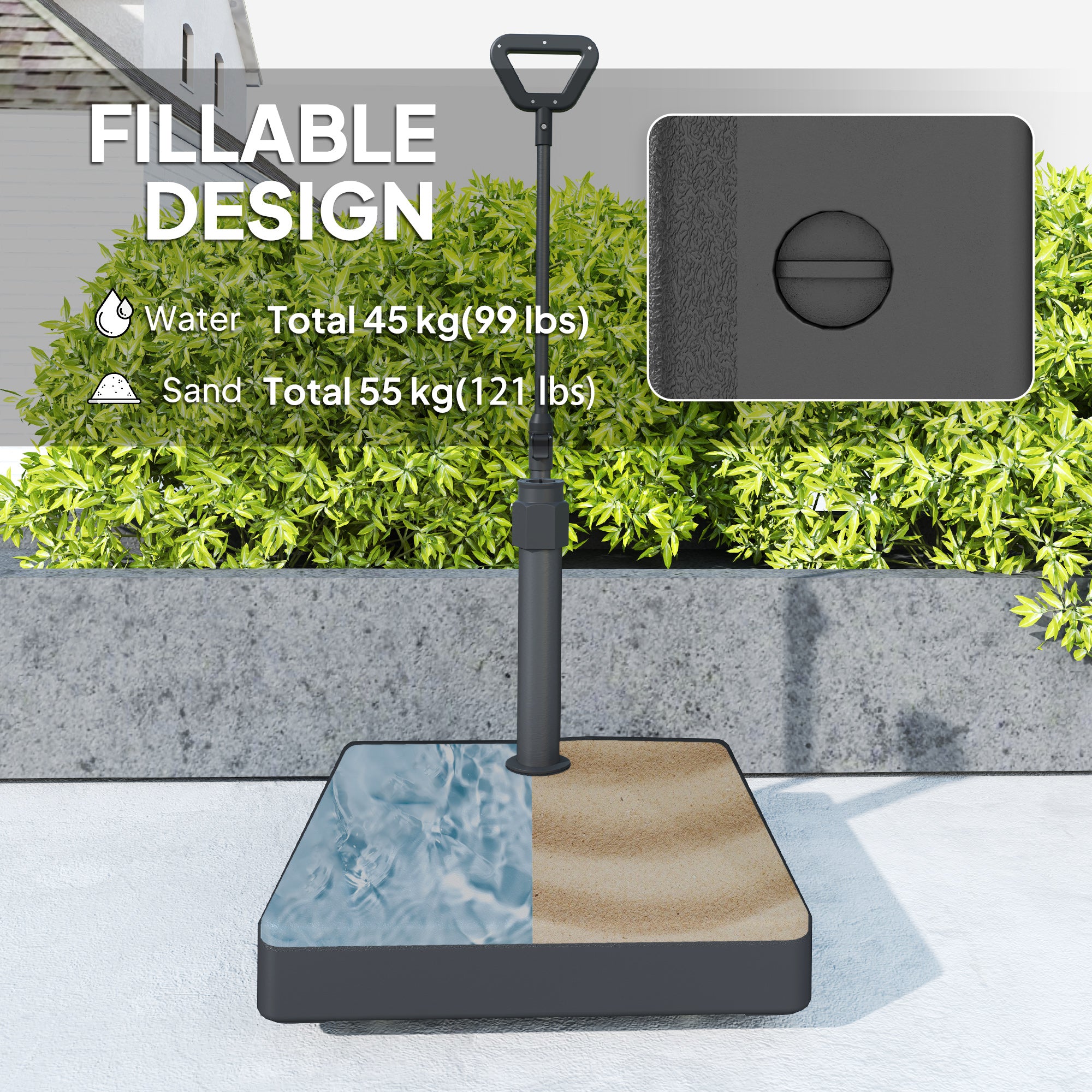 Outsunny Patio Umbrella Base with Adjustable Wheels and Handle, Outdoor Patio Umbrella Stand, Filled Up to 121lbs with Stand, 99lbs with Water for Garden Poolside, Black