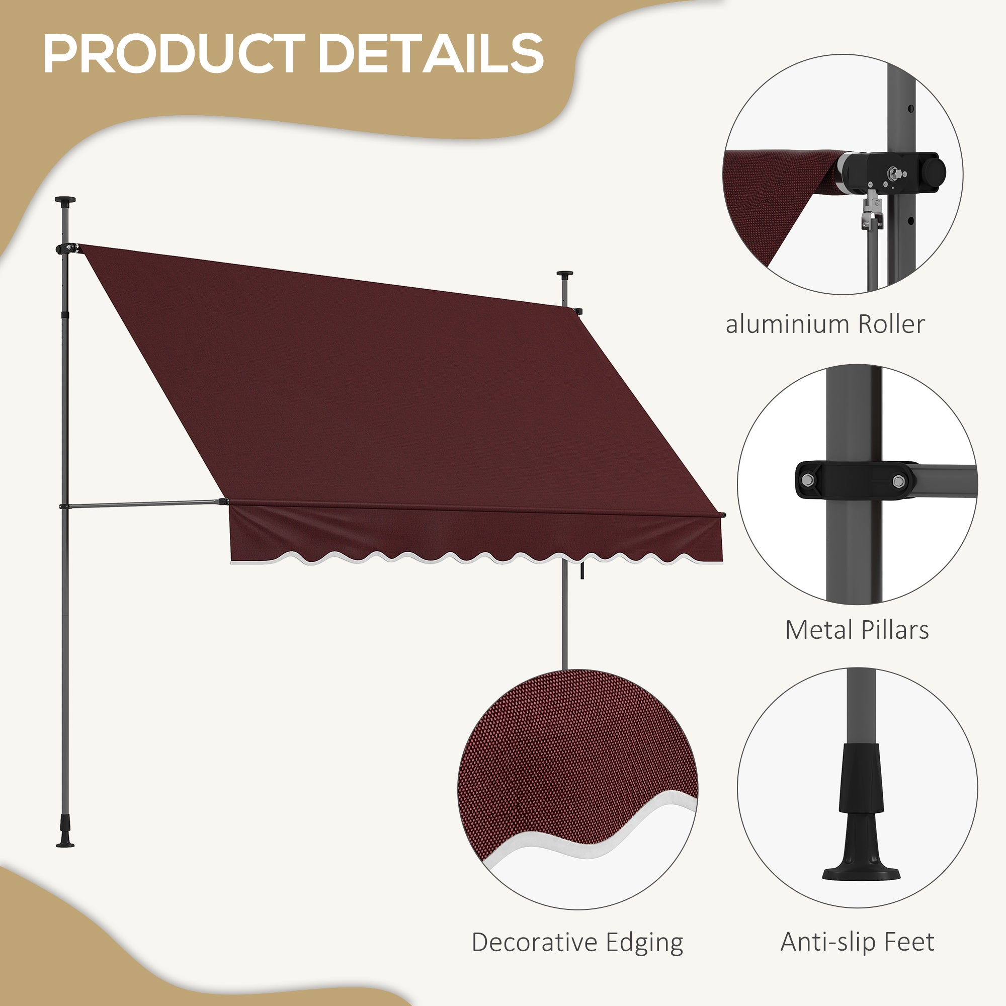 Outsunny 10' x 3' Manual Retractable Awning, Non-Screw Freestanding Patio Awning, UV Resistant, for Window or Door, Wine Red