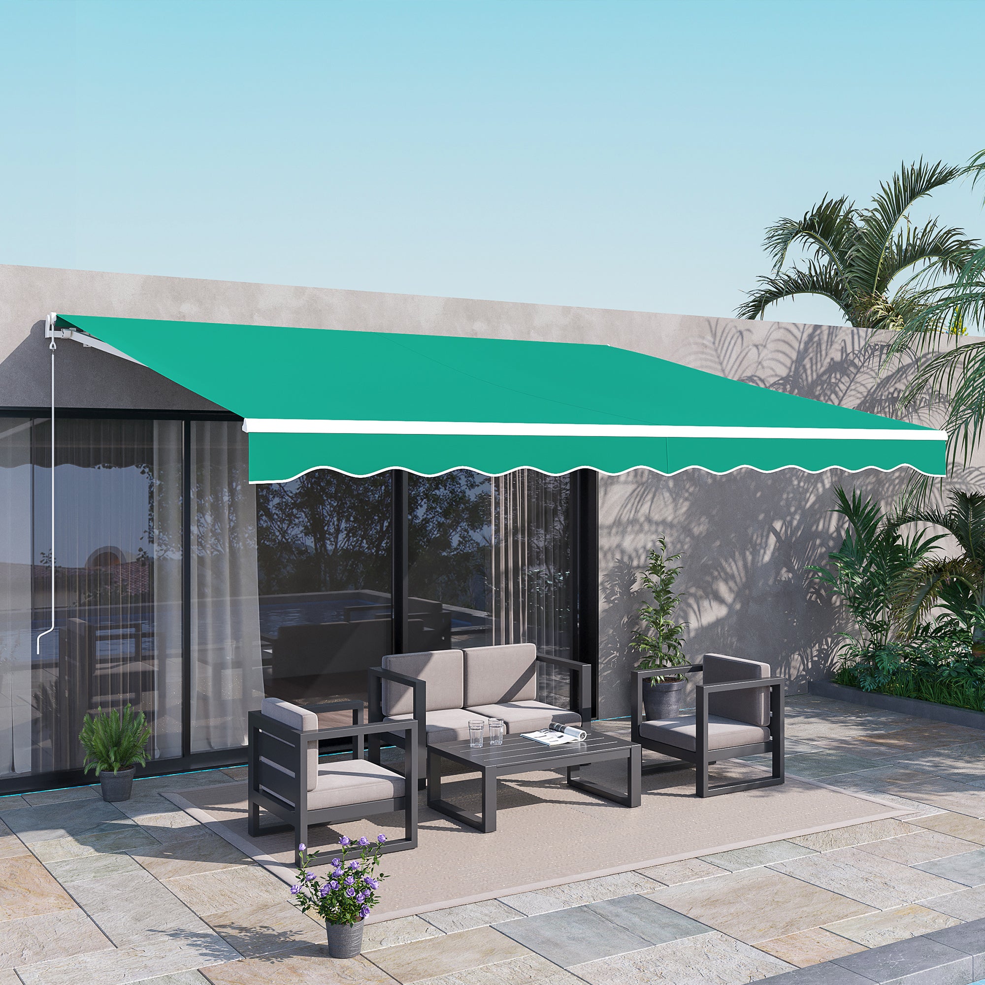 Outsunny 13' x 10' Electric Awning, Retractable Awning Sun Shade Shelter with Remote Controller, Manual Crank Handle and Aluminum Frame, for Deck, Balcony, Yard, Green