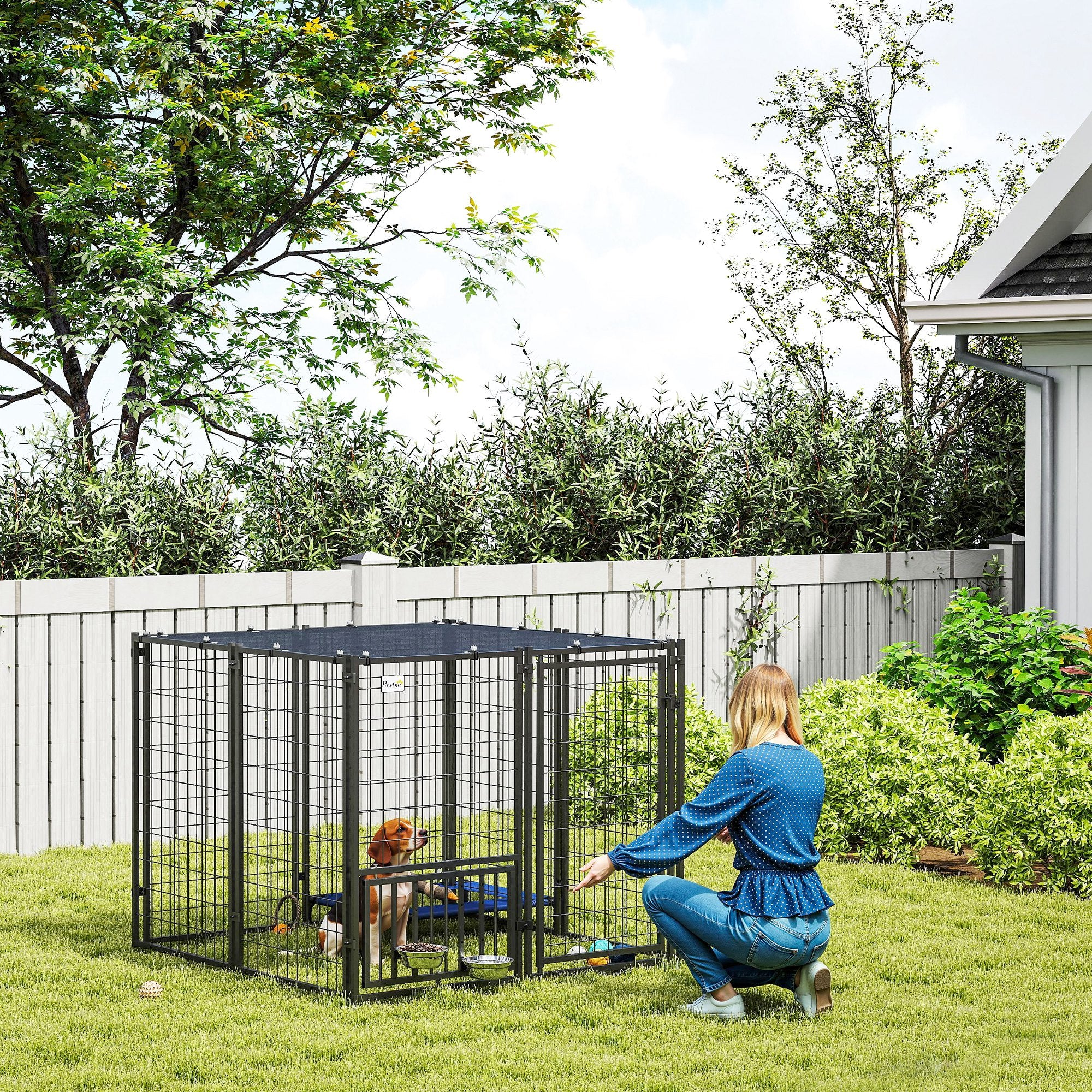 PawHut Outdoor Dog Run with Adjustable & Rotatable Dog Bowls, Sun-Shade Cover, for Small and Medium Dogs, 4.6' x 4.6' x 3.7'
