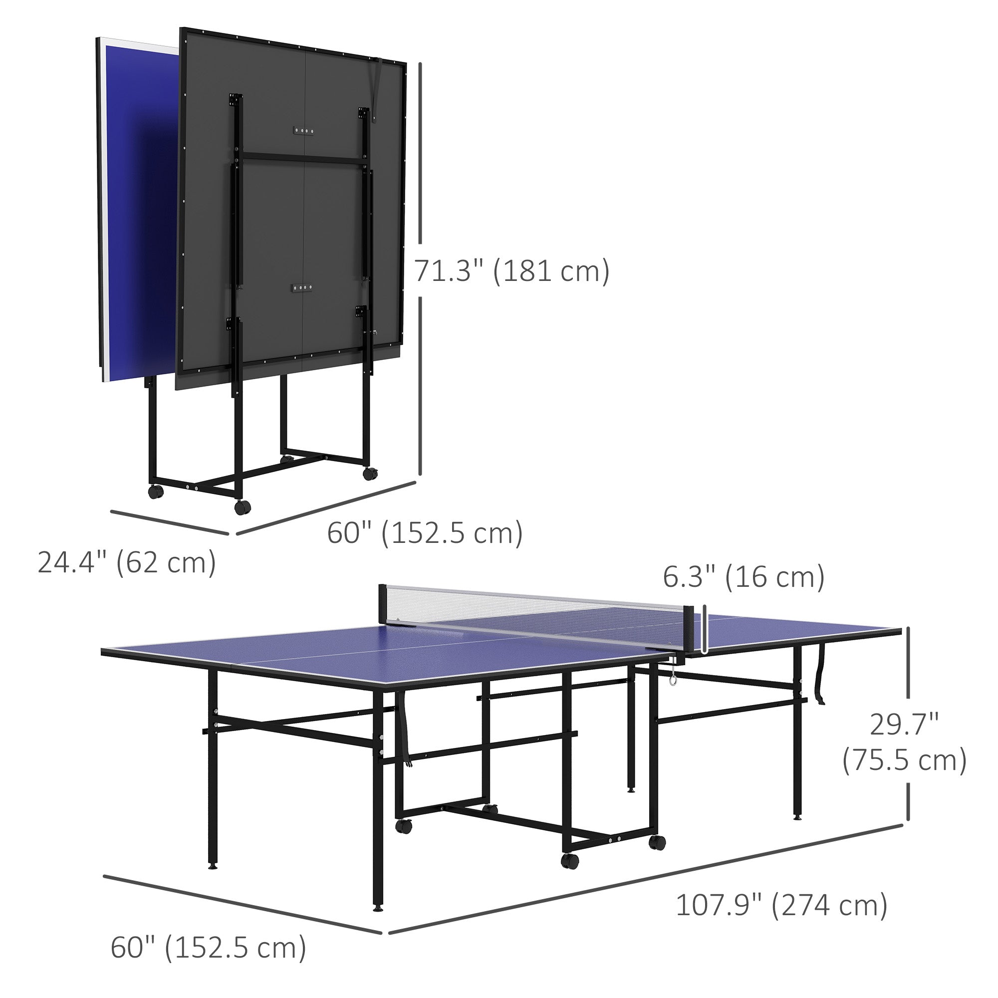 Soozier Full Size Table Tennis Table, Folding Ping Pong Table with Net, Paddles, Balls and Wheels, Blue