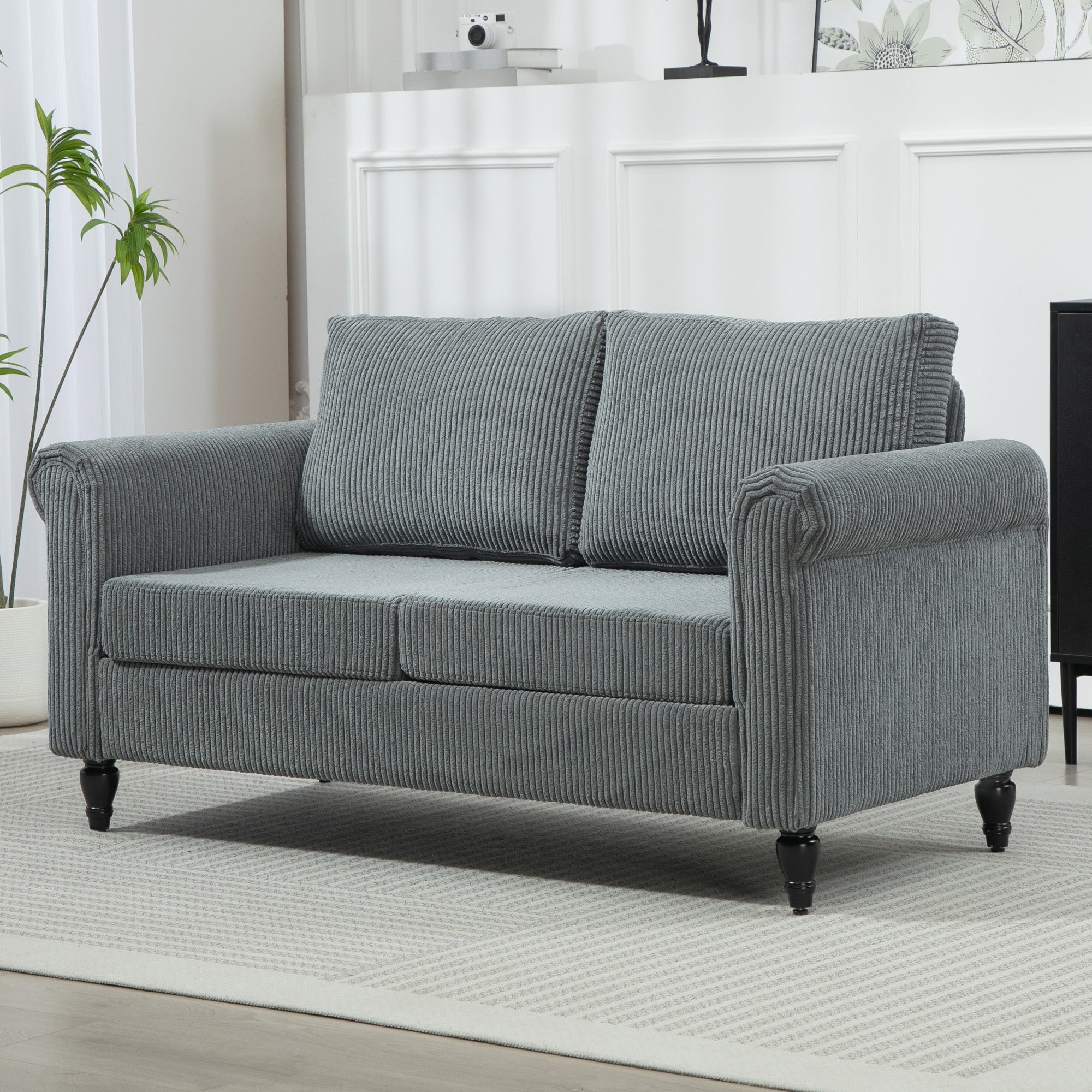 HOMCOM Vintage Loveseat, Upholstered Love Seat Furniture, Fabric 2 Seater Sofa with Rolled Arms, Rubber Wood Legs, Grey