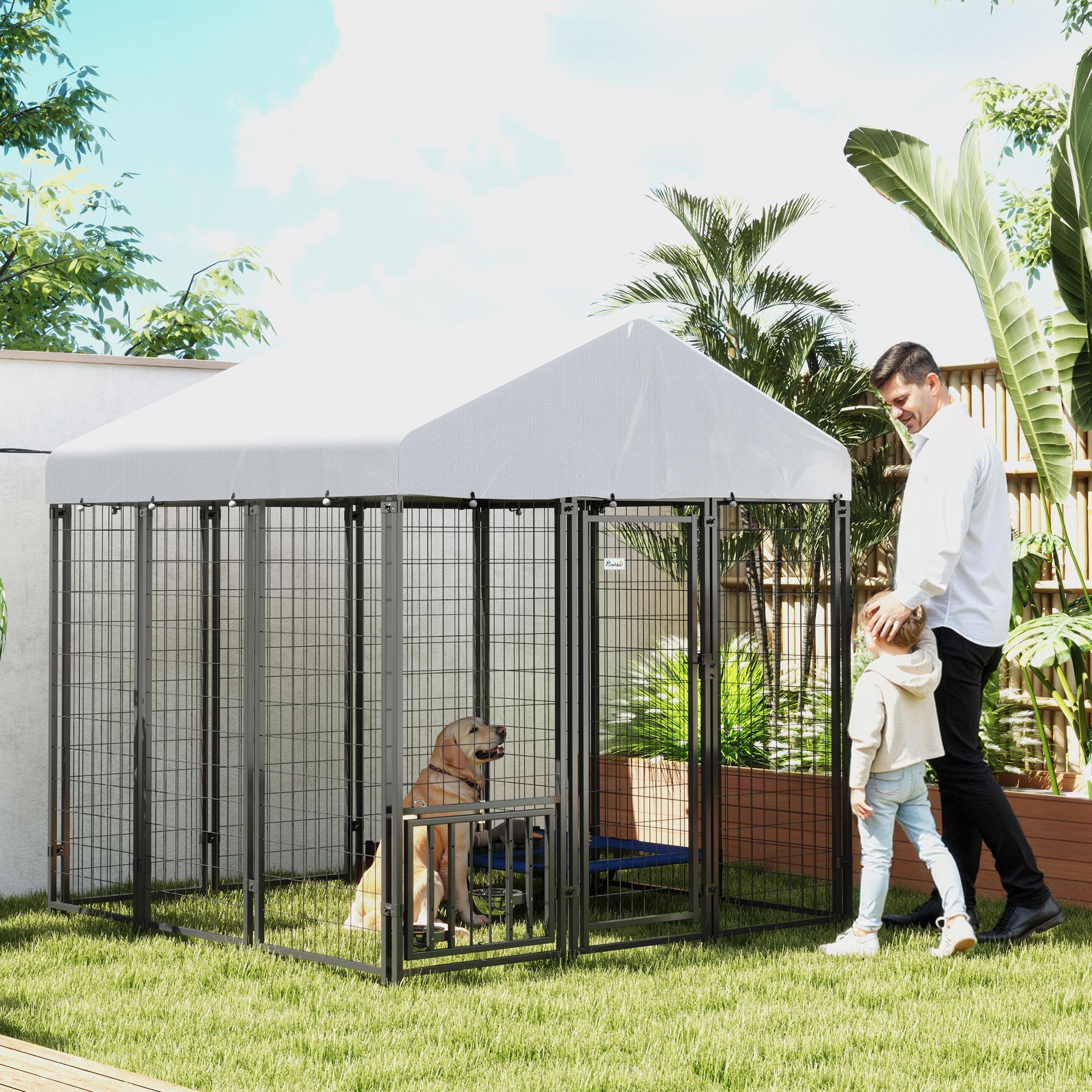 PawHut Outdoor Dog Kennel with Waterproof UV-Resistant Cover, Rotating & 4-Level Adjustable Feeding Bowls, 5.9 x 5.9 x 6 ft