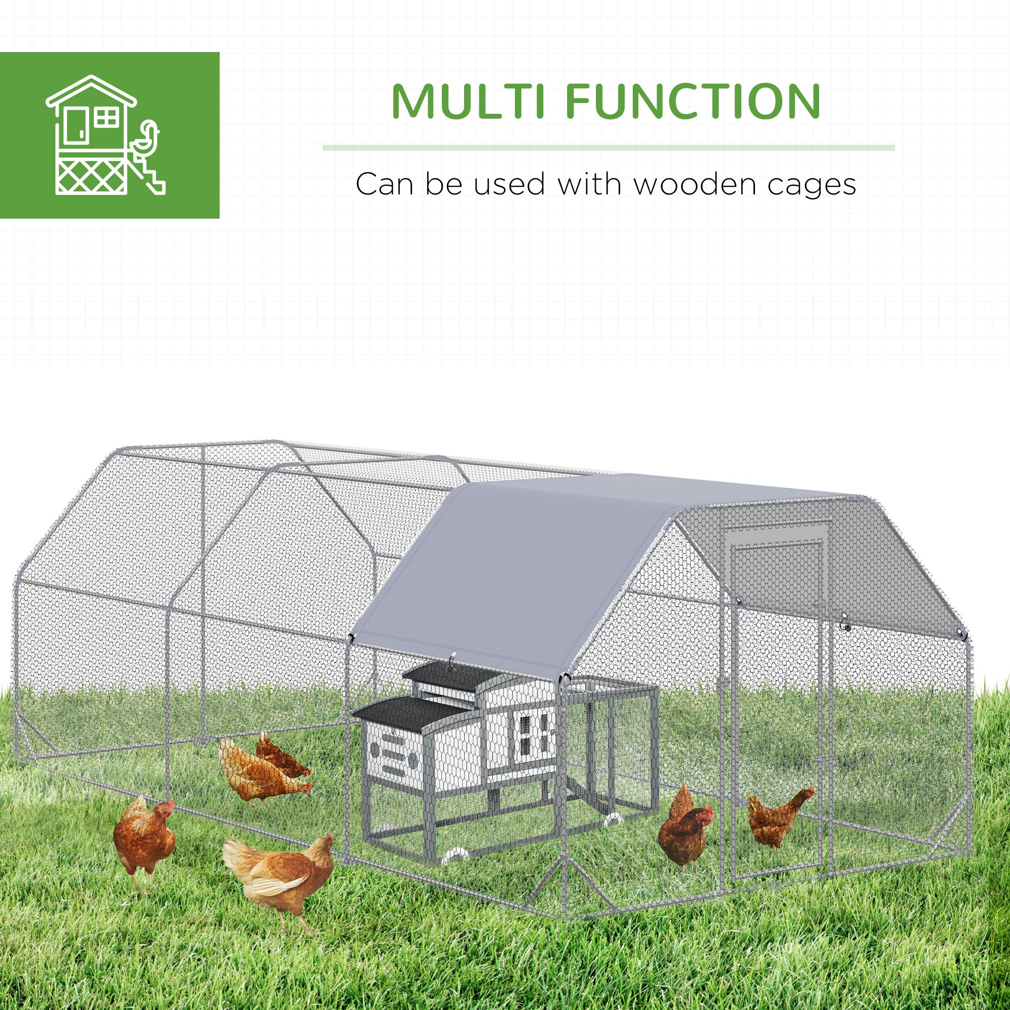 PawHut Chicken Run, Galvanized Large Metal Chicken Coop Cage, Walk-in Enclosure Poultry Hen Run House Playpen Rabbit Hutch with Flat Roof, Cover, for Outdoor Backyard, 9.2' x 18.7' x 6.5', Silver