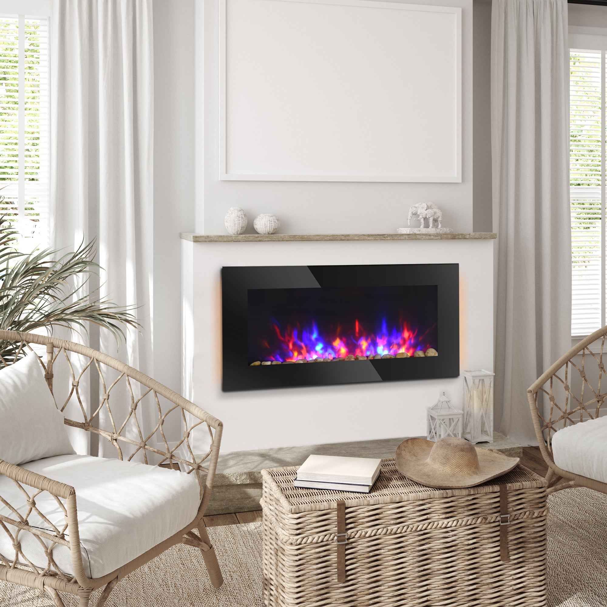 HOMCOM 36" Wall-Mounted Electric Fireplace, 750/1500W Fireplace Heater with Flame Effect, 7 Color Background Light and Side Light, Black