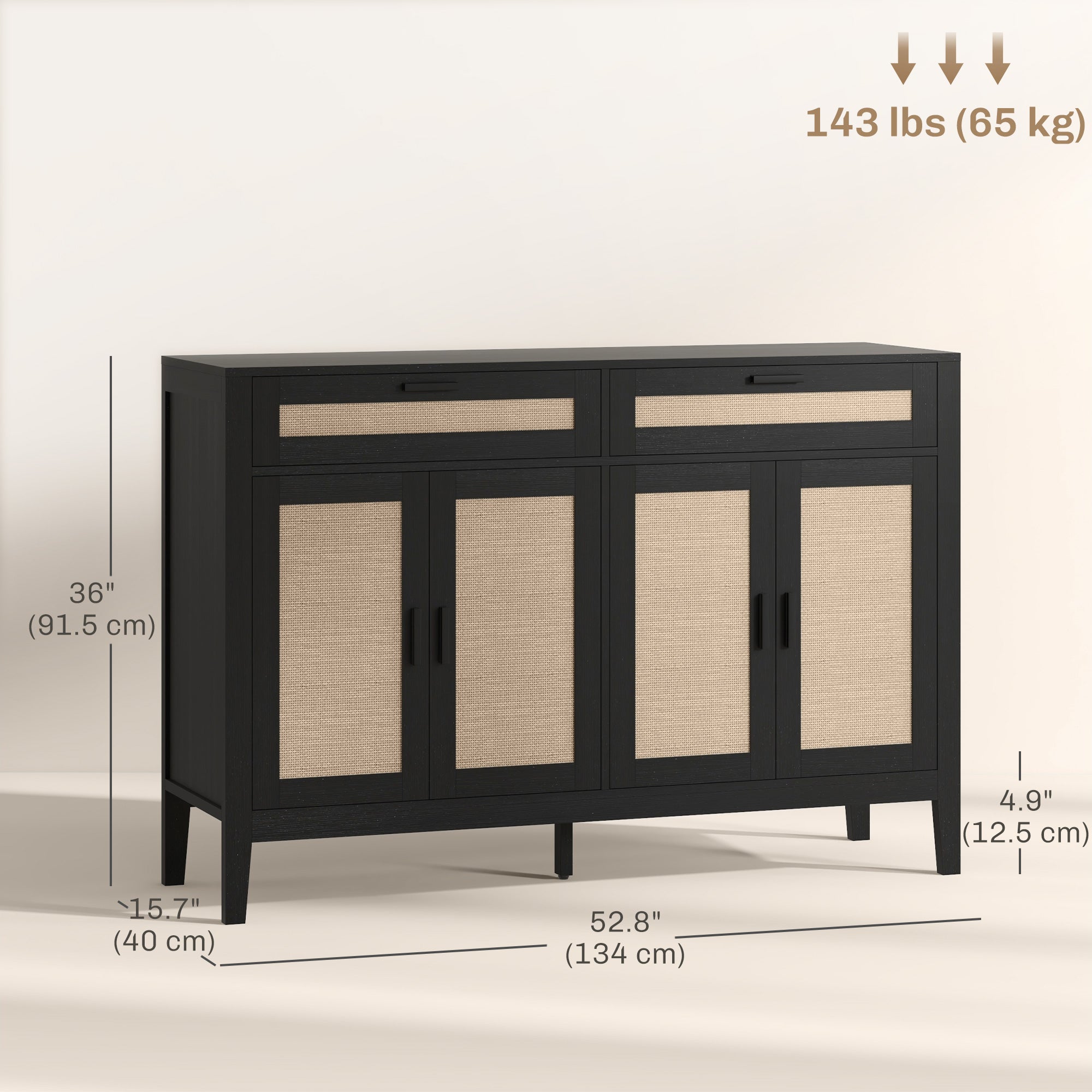 HOMCOM Kitchen Sideboard Cabinet, Boho Buffet Table with Decorative Rattan Doors and Drawers for Dining Room, Black