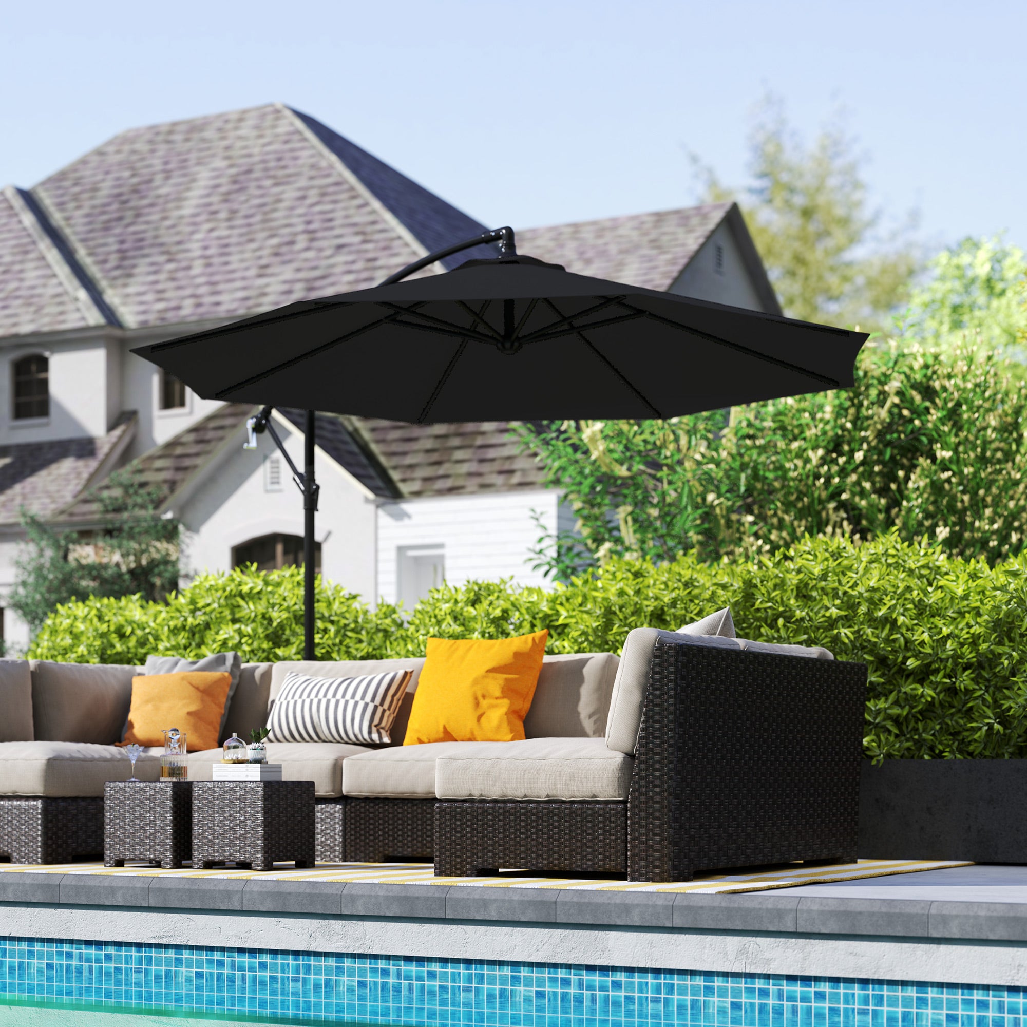 Outsunny 9.7ft Offset Patio Umbrella Garden Hanging Parasol Banana Cantilever Umbrella with Base, Crank, Black