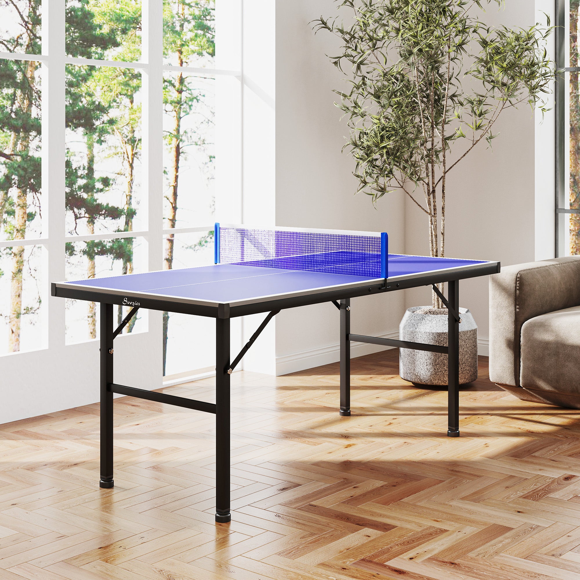 Soozier 5' x 2.5' Mini Ping Pong Table with Professional UV Treated Tabletop, Foldable Table Tennis Table with Adjustable Feet and Net for Outdoor and Indoor, Blue