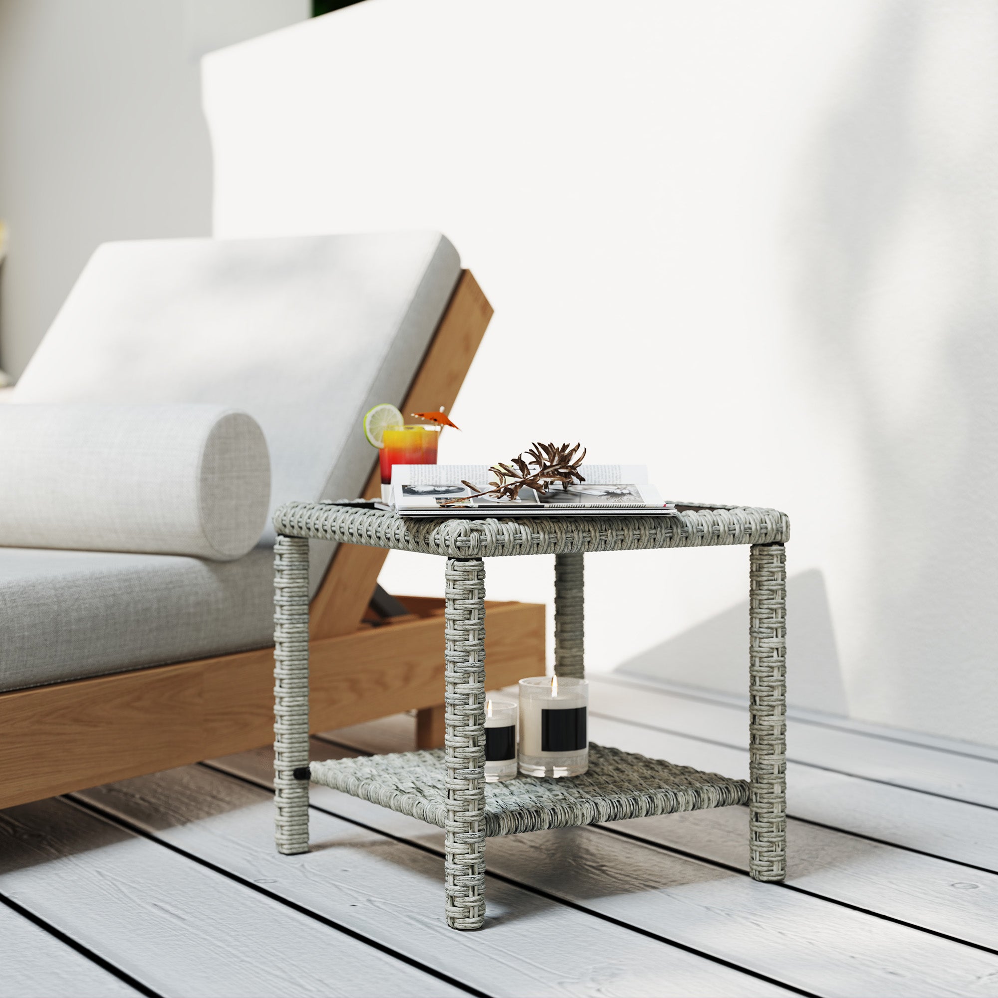Outsunny 19" Outdoor Wicker Coffee Table with Glass Top, Storage Shelf for Garden Porch Balcony Deck, Dark Grey