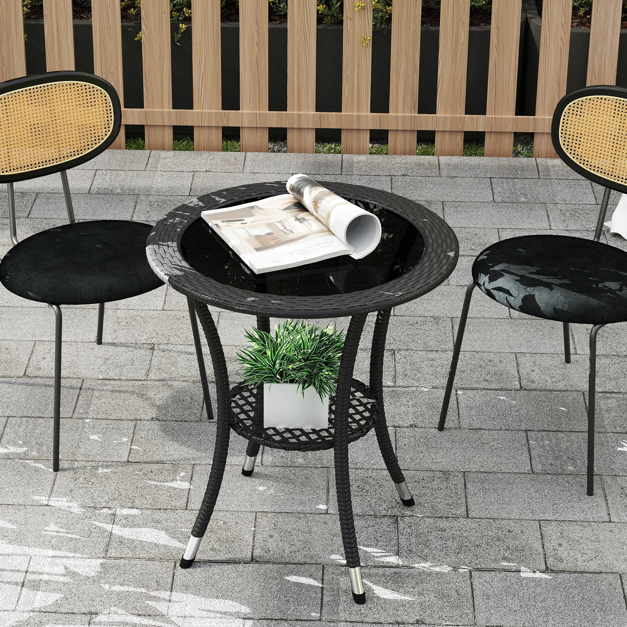 Outsunny Outdoor Rattan Dining Table, Patio Wicker Round Coffee Table with 2-Tier Storage Shelf, Black