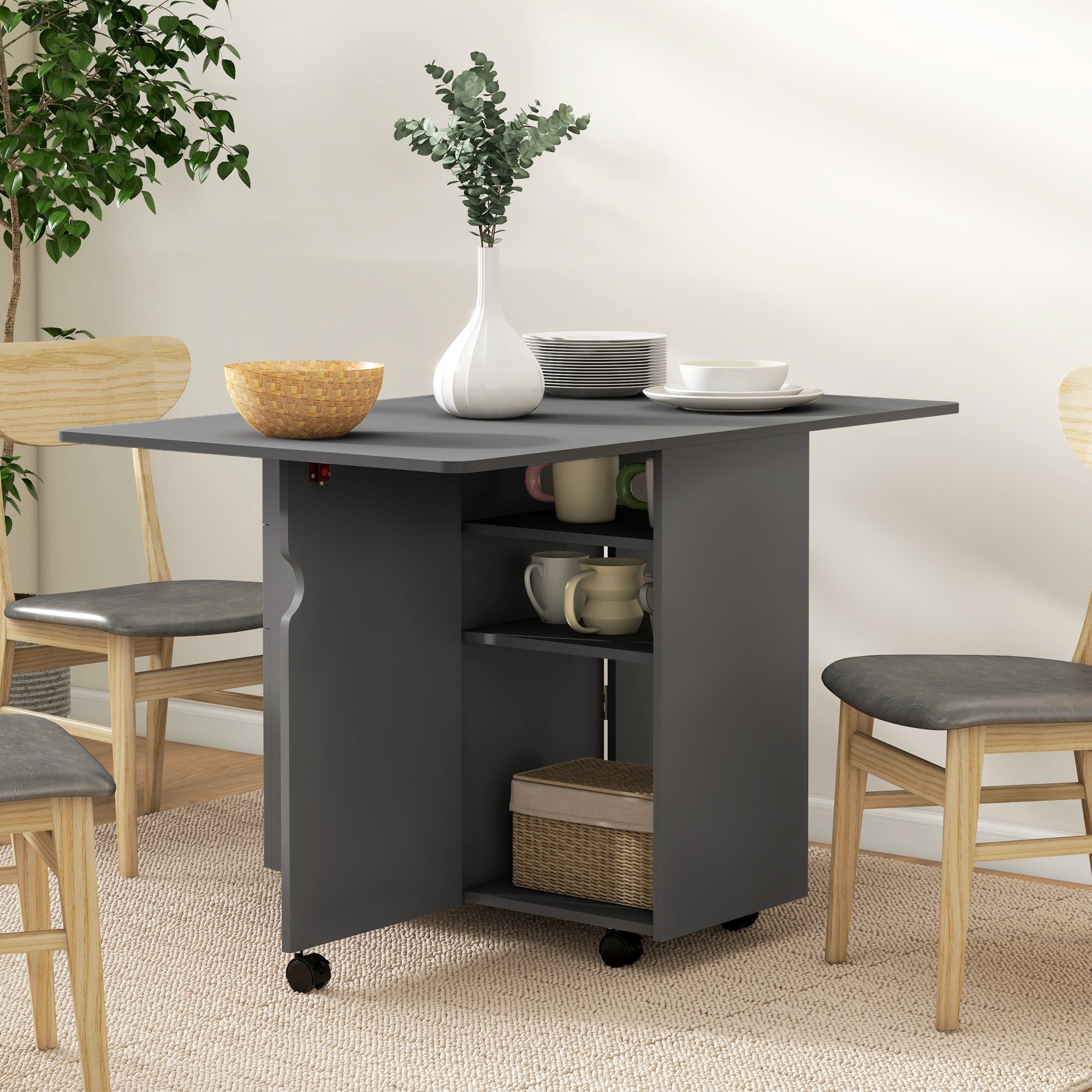 HOMCOM Extendable Dining Table, Drop Leaf Table with 2 Drawers, Cabinet and 6 Wheels for Small Spaces, Kitchen, Grey