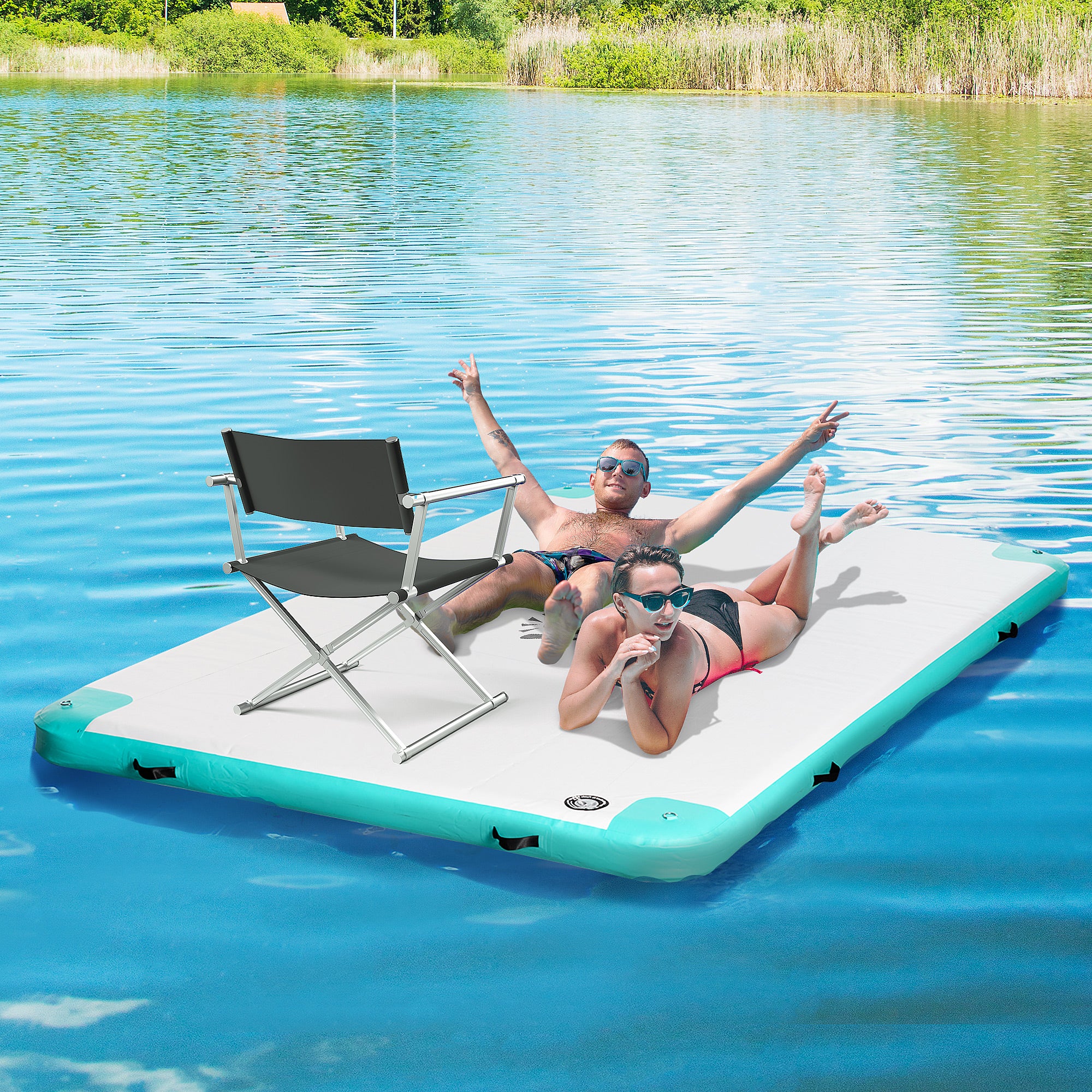Outsunny 10' x 7' Water Floating Dock, Rafting Inflatable Island with Air Pump and Backpack for Pool, Beach, Ocean, Blue & Green