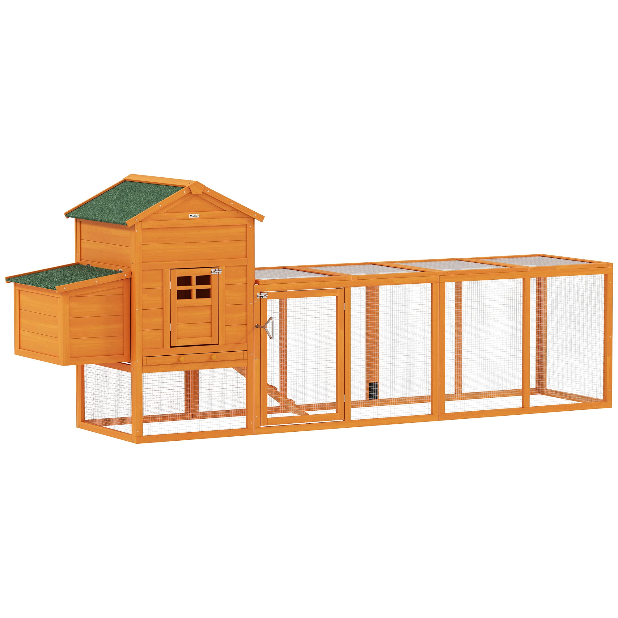 PawHut 117" Extra Large Chicken Coop with Asphalt Roof, Wooden Hen House with Slide-out Tray, Quail Hutch with Nesting Box, Orange