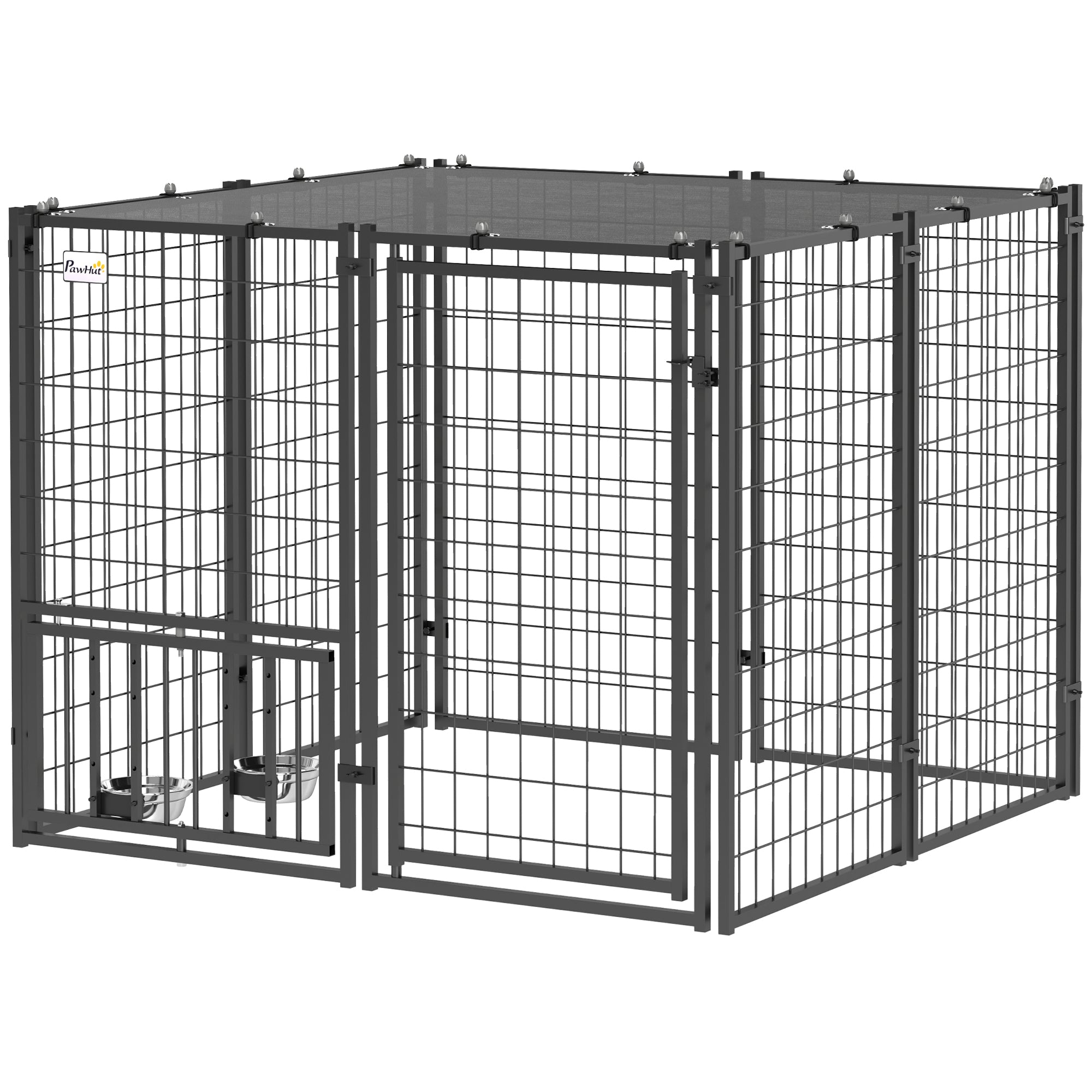PawHut Outdoor Dog Run with Adjustable & Rotatable Dog Bowls, Sun-Shade Cover, for Small and Medium Dogs, 4.6' x 4.6' x 3.7'
