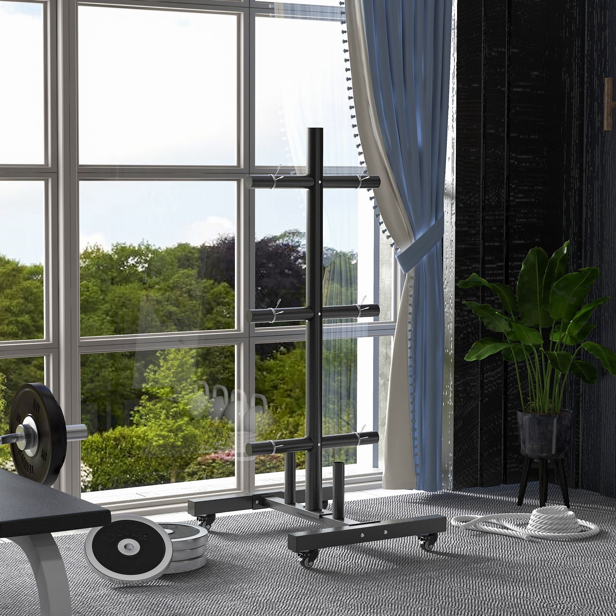 Soozier Weight Plate Rack, Bumper Plate Rack Holder for 2 inch Plates and Bars, with 4 Transport Wheels and 6 Fasten Clamps, 440 lbs Capacity