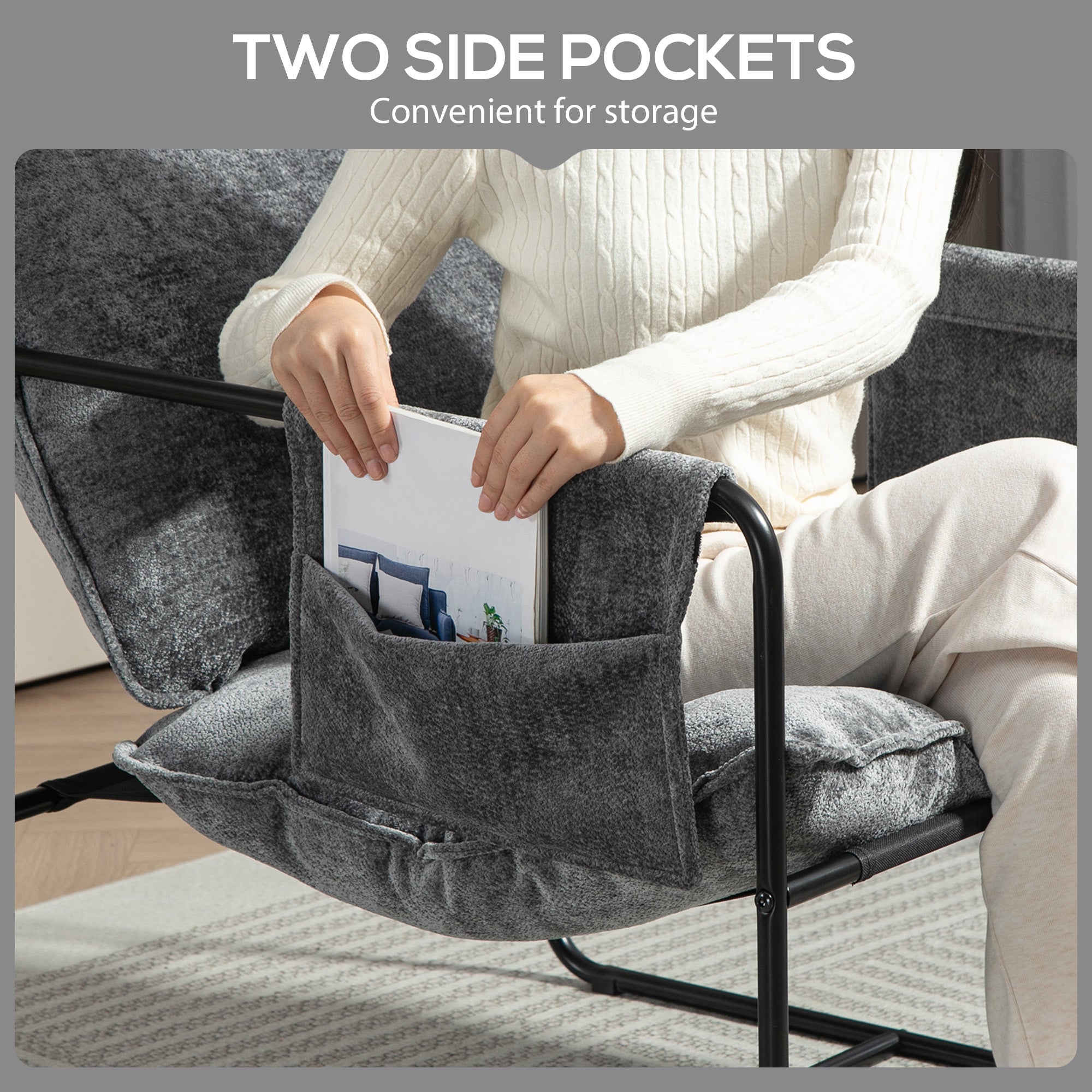 HOMCOM Modern Accent Chair, Upholstered Armchair with Side Pockets and Steel Frame, Comfy Reading Chair for Bedroom, Grey