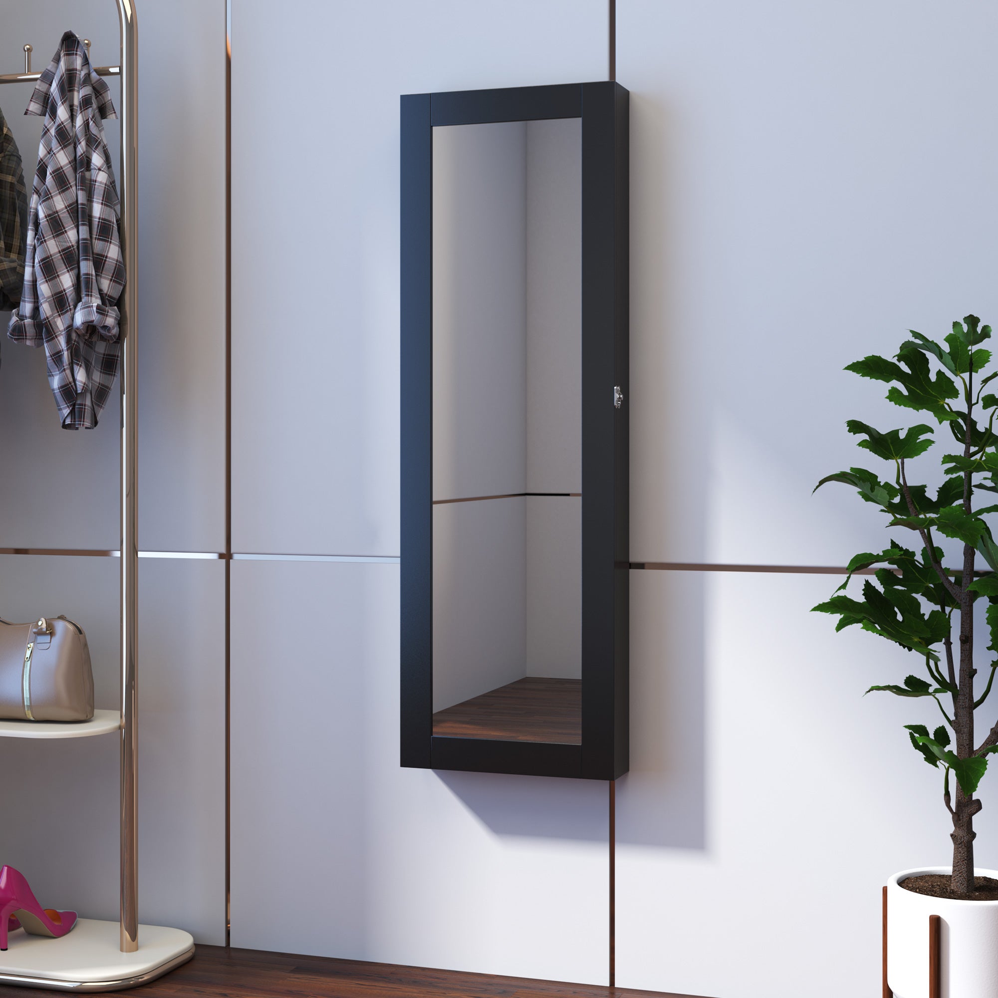 HOMCOM Mirrored Jewelry Cabinet Hanging Wall Mount Real Glass Mirror Locked (Black)
