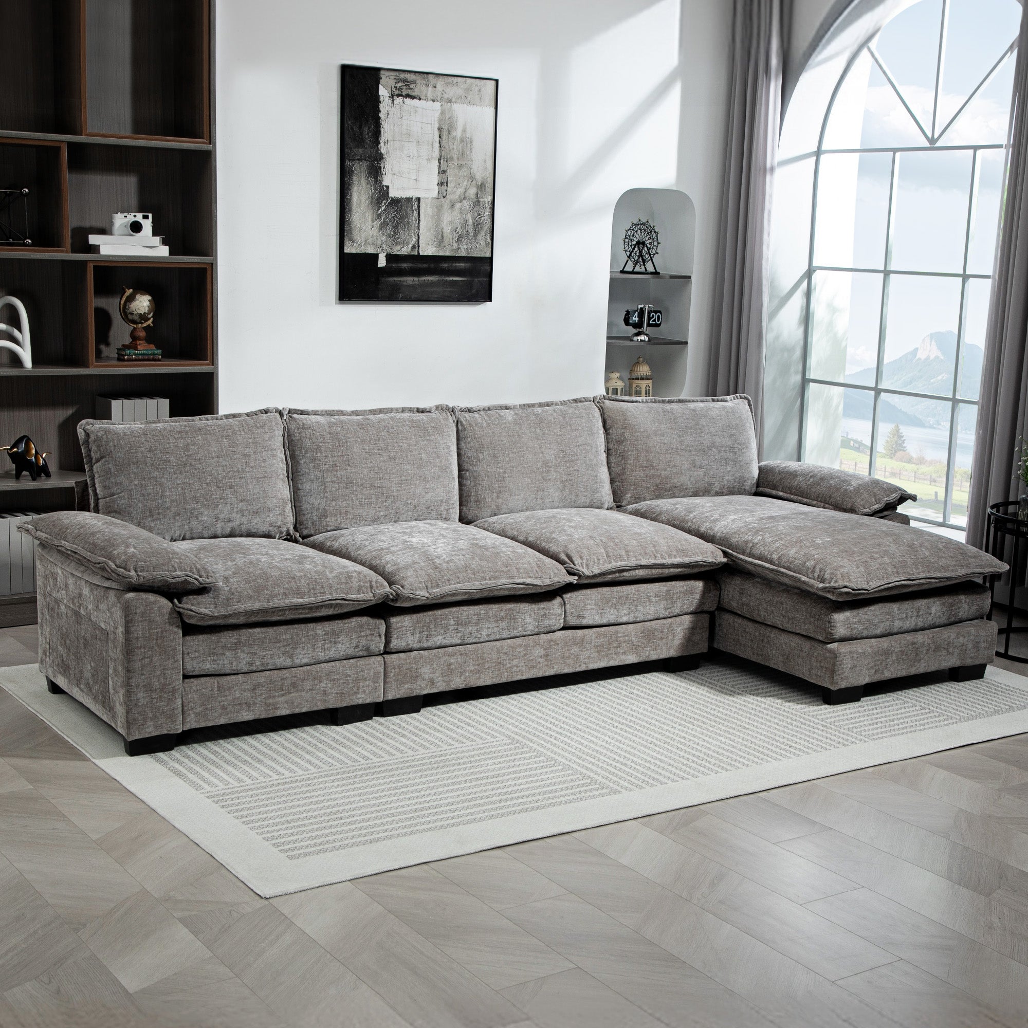 HOMCOM Sofa Couch with Chaise Lounge, Chenille L-shaped Couch with Double-layer Seat Cushion for Living Room, Grey