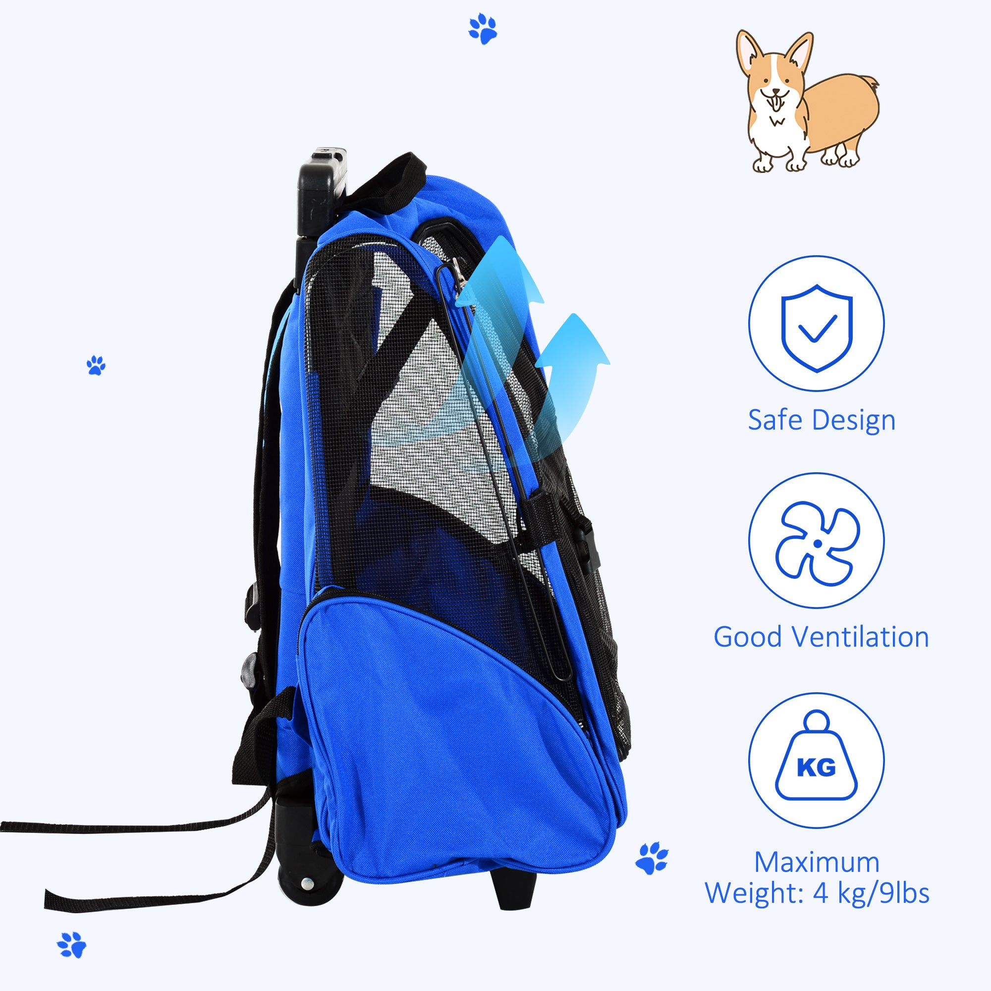 PawHut 2-IN-1 Pet Luggage Box Backpack Carrier Cats Dogs w/ Handle, Rolling Wheel Blue