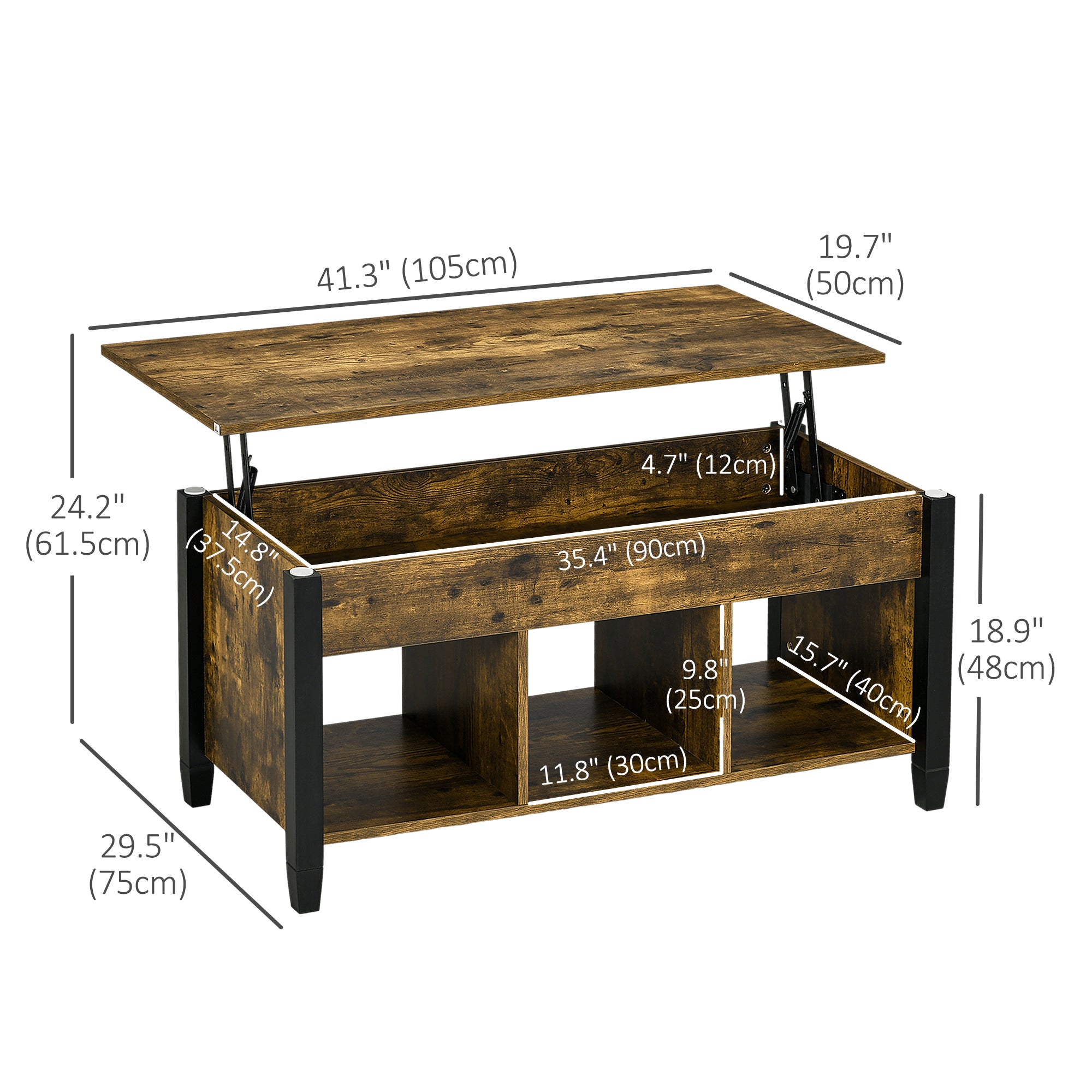 HOMCOM Lift Top Coffee Table with Hidden Storage Compartment and 3 Lower Shelves, Pop-Up Center Table for Living Room, Rustic Brown