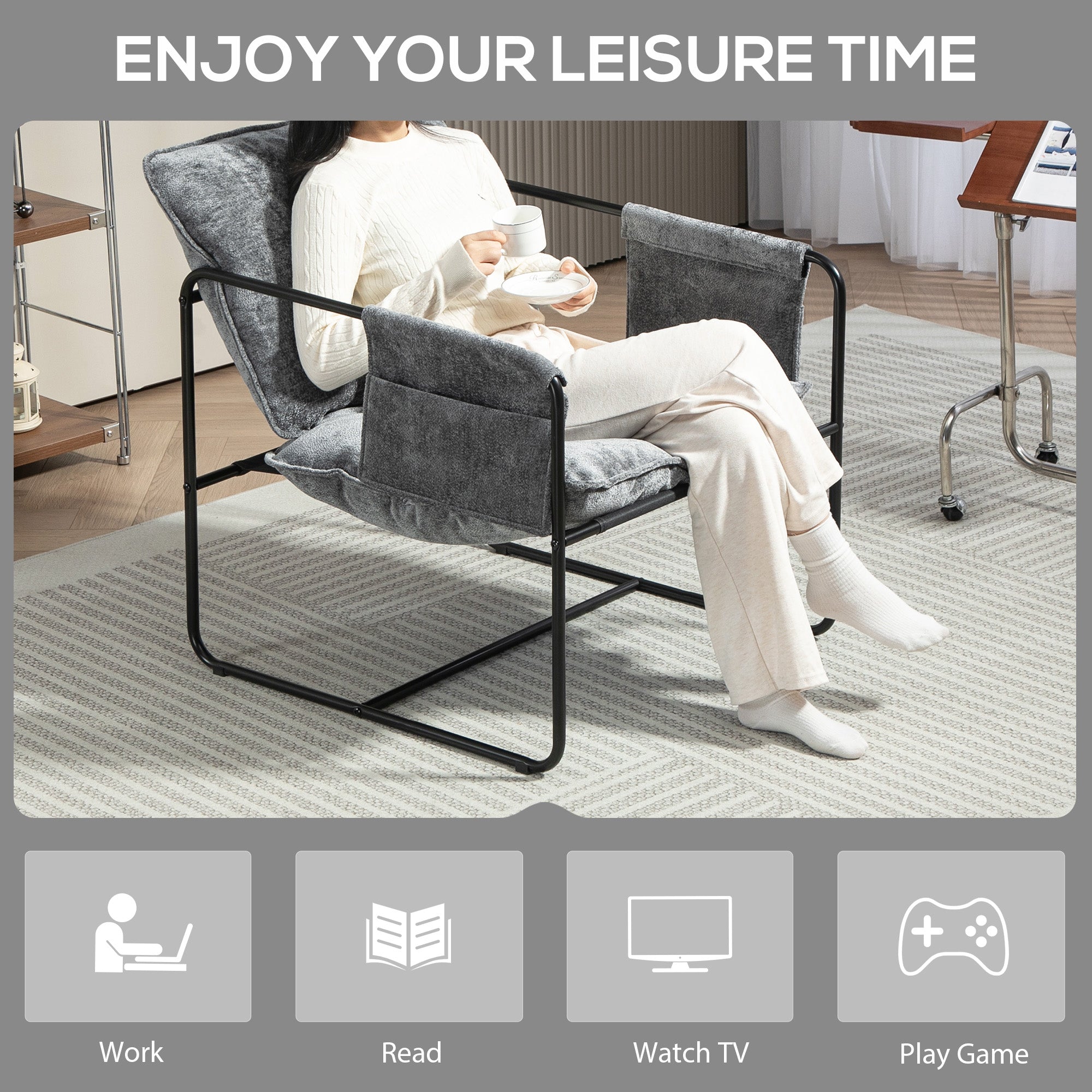 HOMCOM Modern Accent Chair, Upholstered Armchair with Side Pockets and Steel Frame, Comfy Reading Chair for Bedroom, Grey