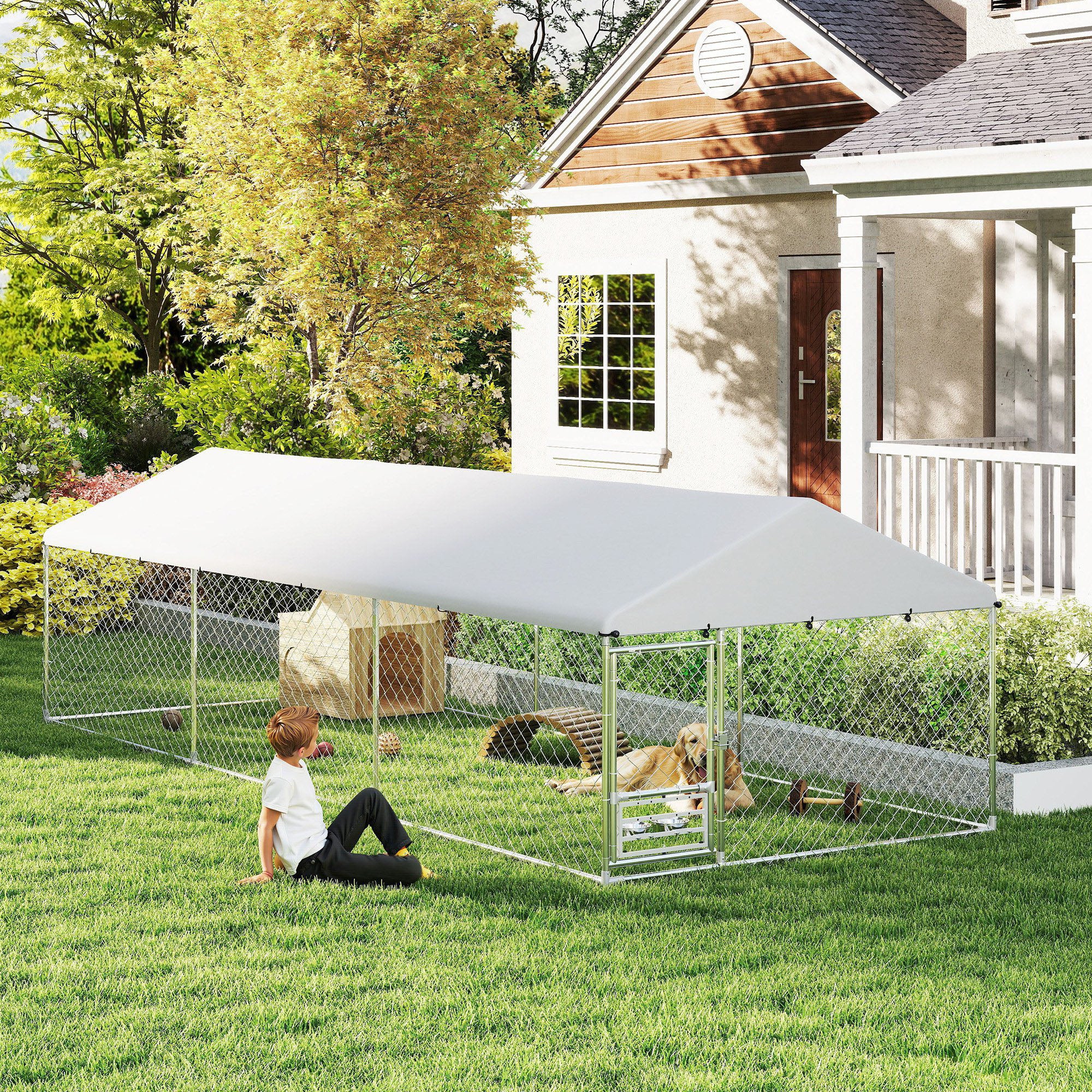 PawHut Outdoor Dog Run w/ Adjustable & Rotating Bowls, Waterproof UV-Resistant Cover, Secure Lock, 19.7' x 7.5' x 5.2'