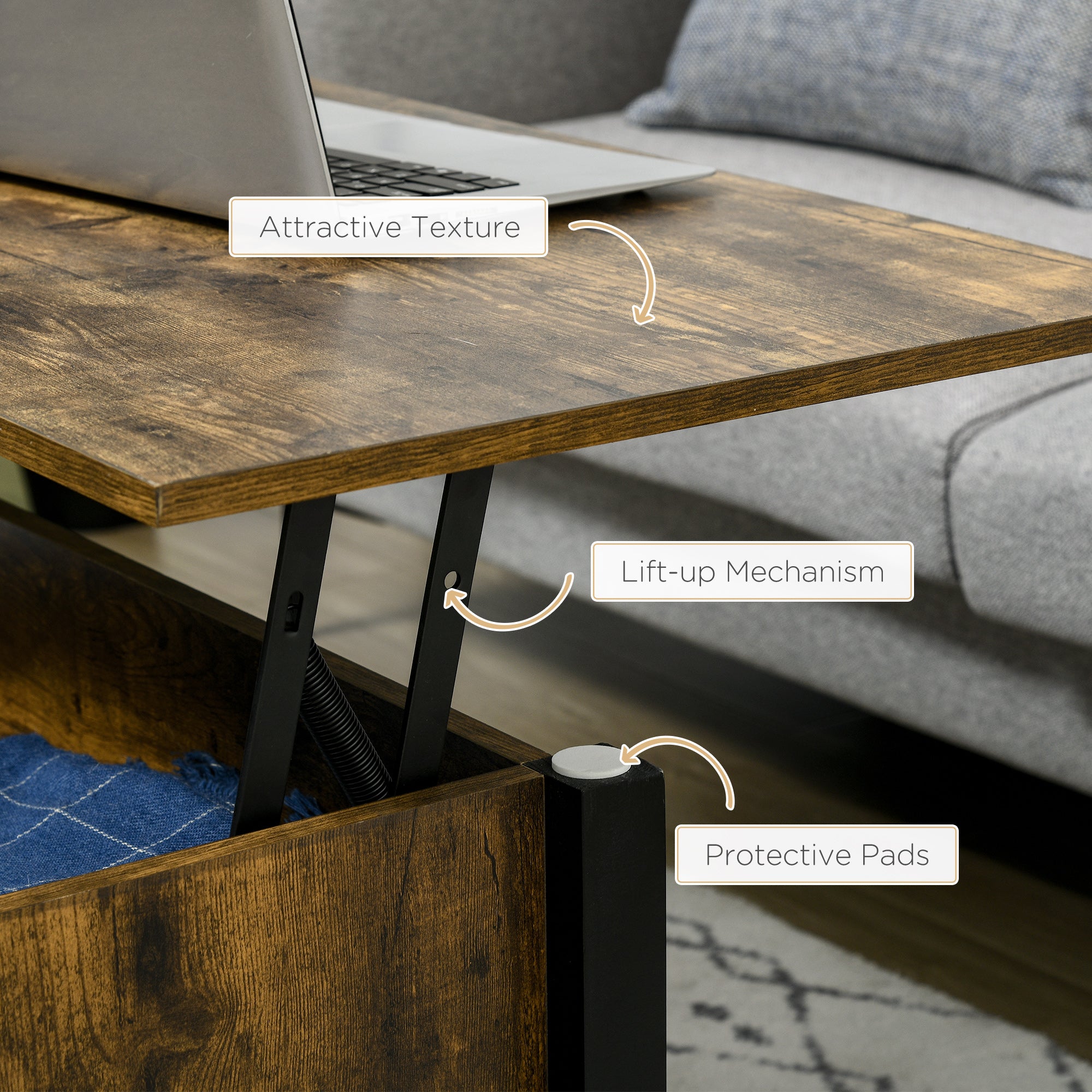 HOMCOM Lift Top Coffee Table with Hidden Storage Compartment and 3 Lower Shelves, Pop-Up Center Table for Living Room, Rustic Brown