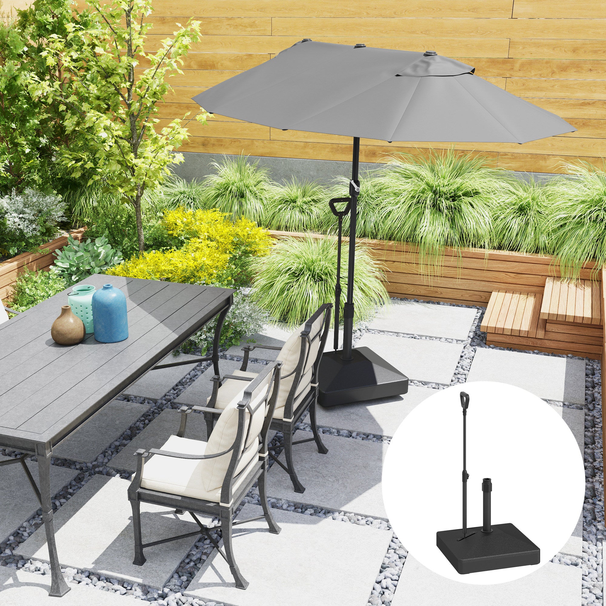 Outsunny Patio Umbrella Base with Adjustable Wheels and Handle, Outdoor Patio Umbrella Stand, Filled Up to 121lbs with Stand, 99lbs with Water for Garden Poolside, Black
