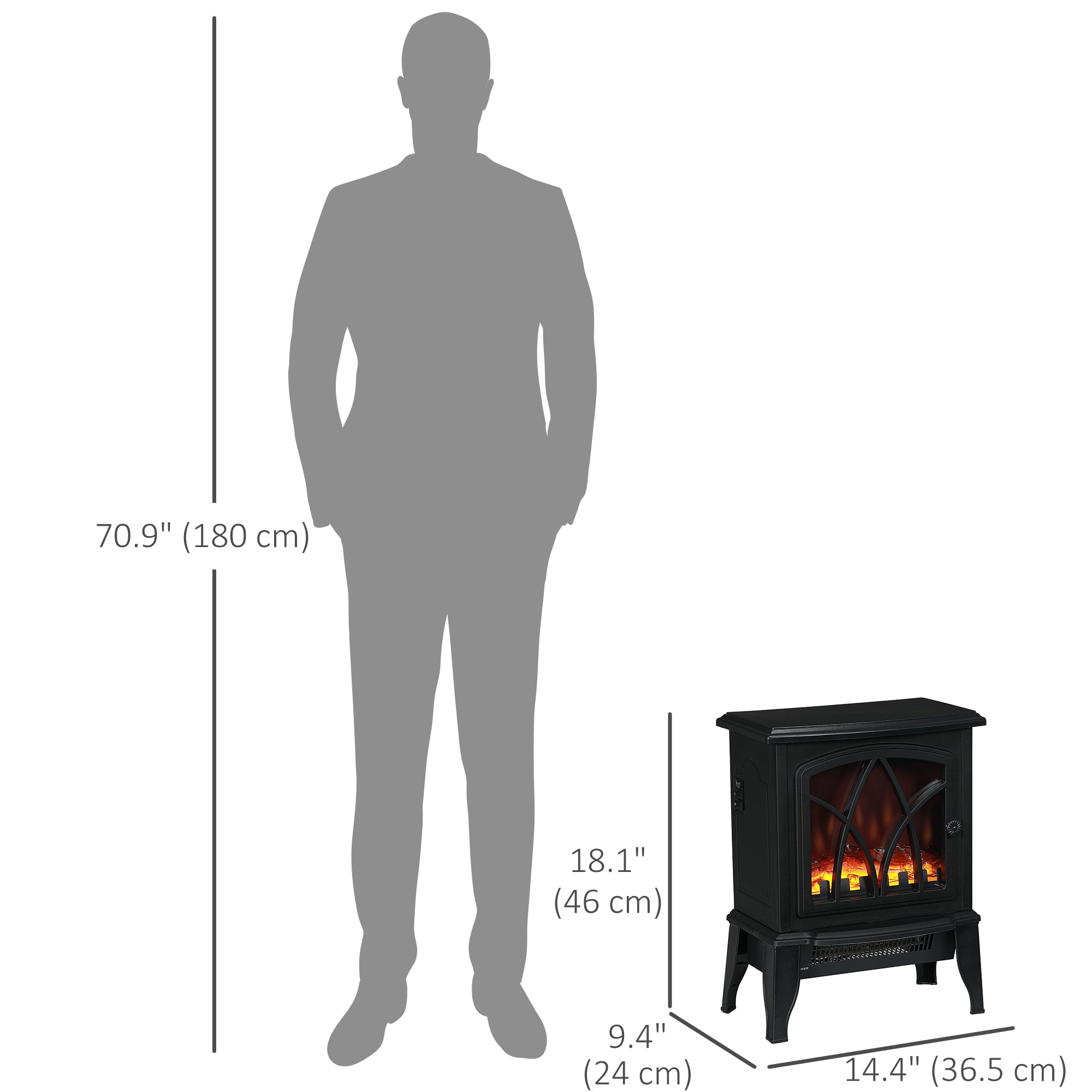 HOMCOM Electric Fireplace Heater, Freestanding Fireplace Stove with Realistic Flame and Overheat Protection, 750W/1500W, Black