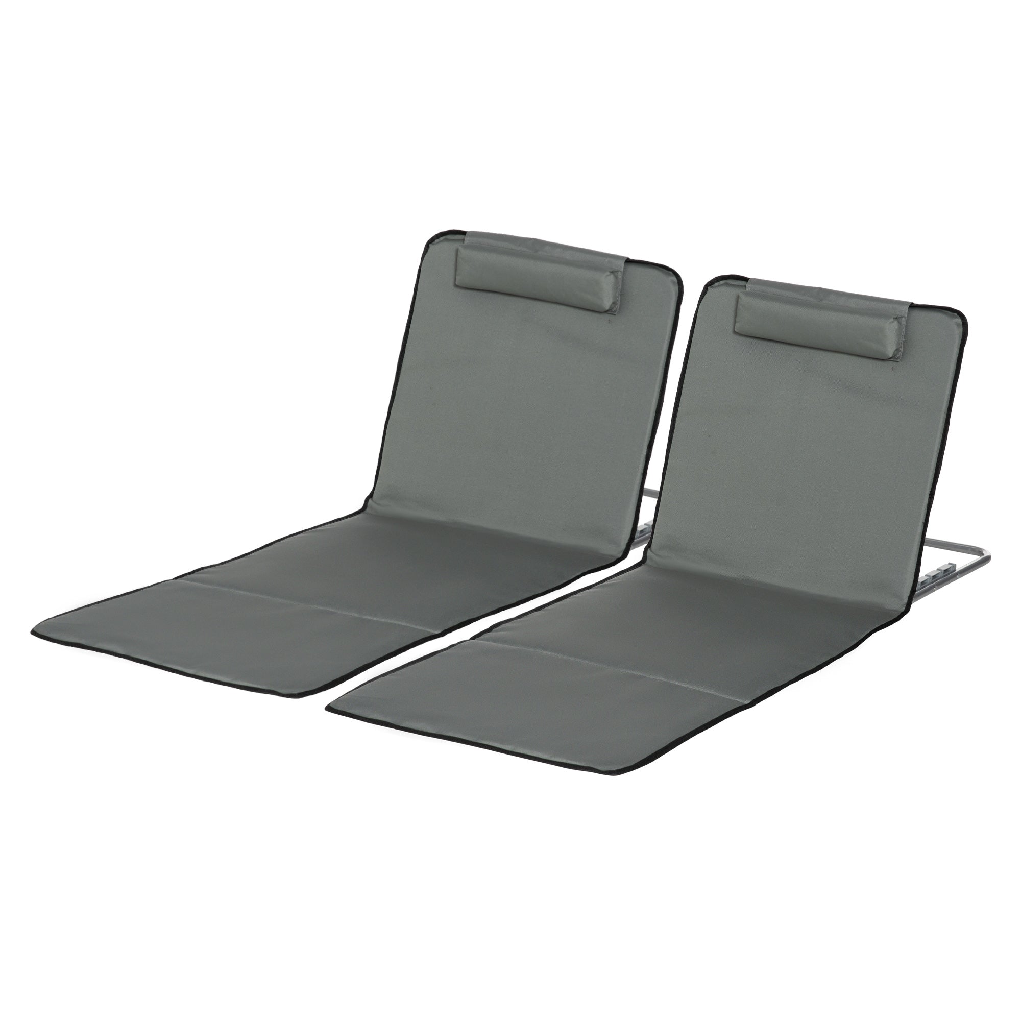 Outsunny Set of 2 Sun Lounger Beach Mat Folding Lounge Chair Mat with Adjustable Back Steel Frame Head Pillow Carry Bag Grey