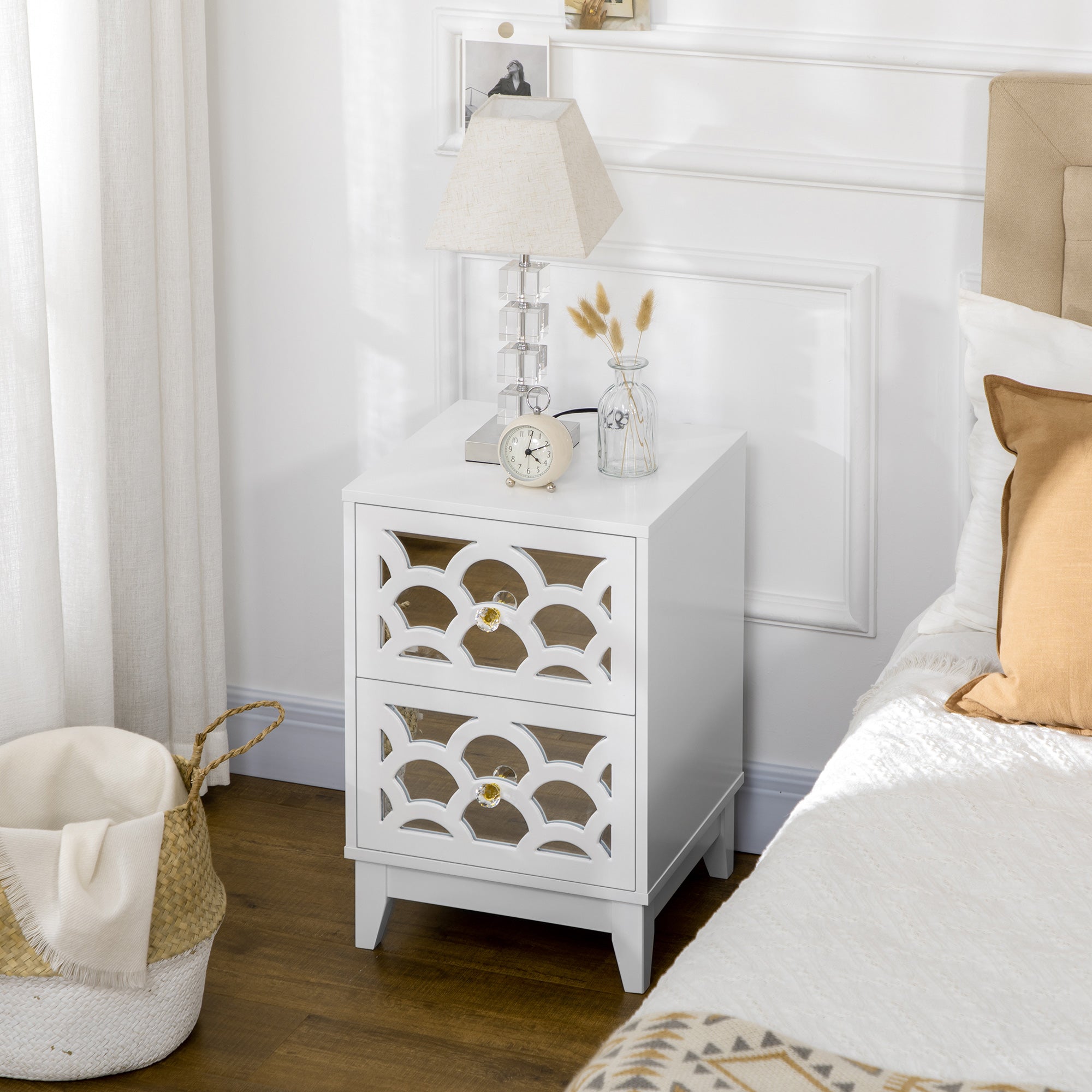 HOMCOM Modern Bedside Table, Side End Table with Drawers and Front Mirror, 15.4"x14.4"x23.6", White