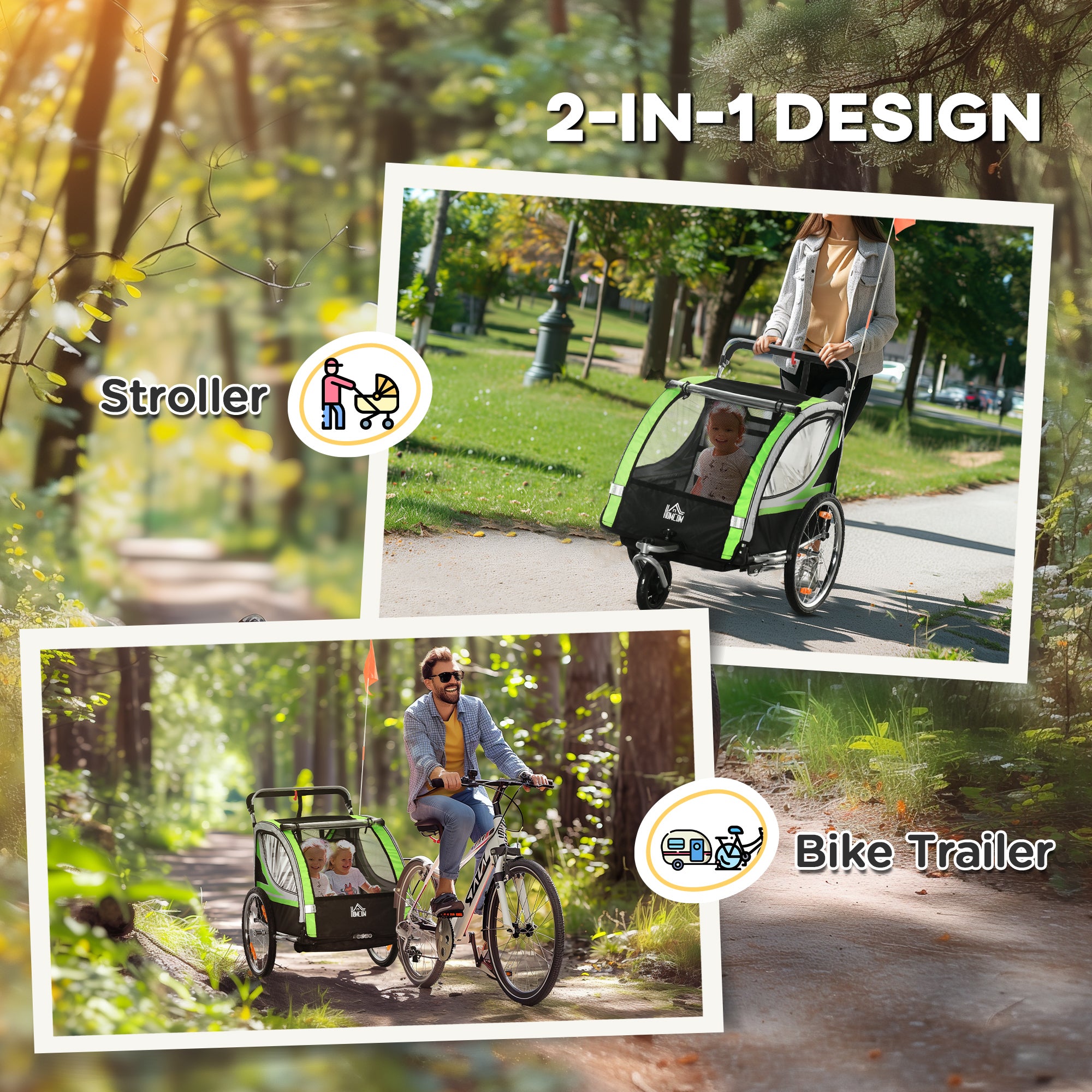 Aosom 2-in-1 Double Baby Jogging Stroller, Bike Trailer for Kids & Toddlers with Handbrake, 5 Point Harness, Waterproof Cover, Storage Bag, Safety Flag, Reflectors, Green