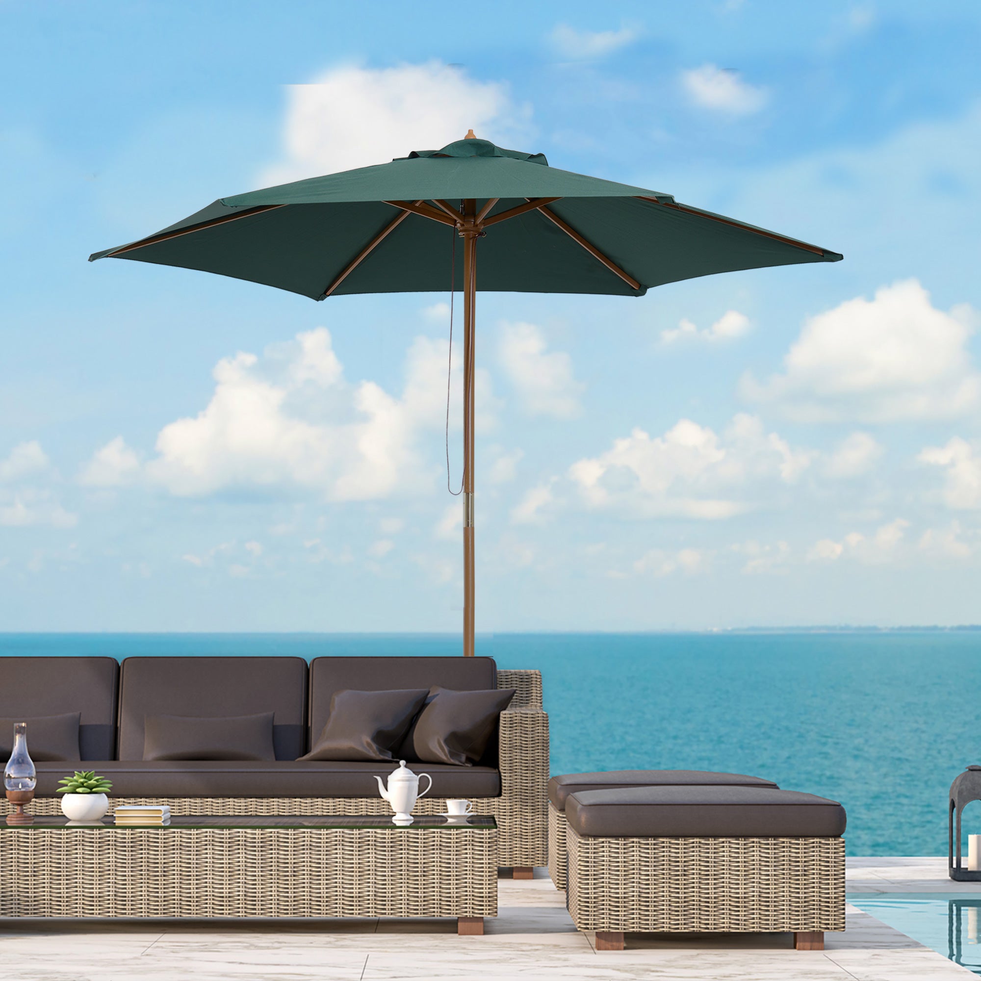 Outsunny 8FT Wood Market Umbrella Patio Umbrella Round Garden Parasol Canopy with Bamboo Ribs and Top Vent, Dark Green