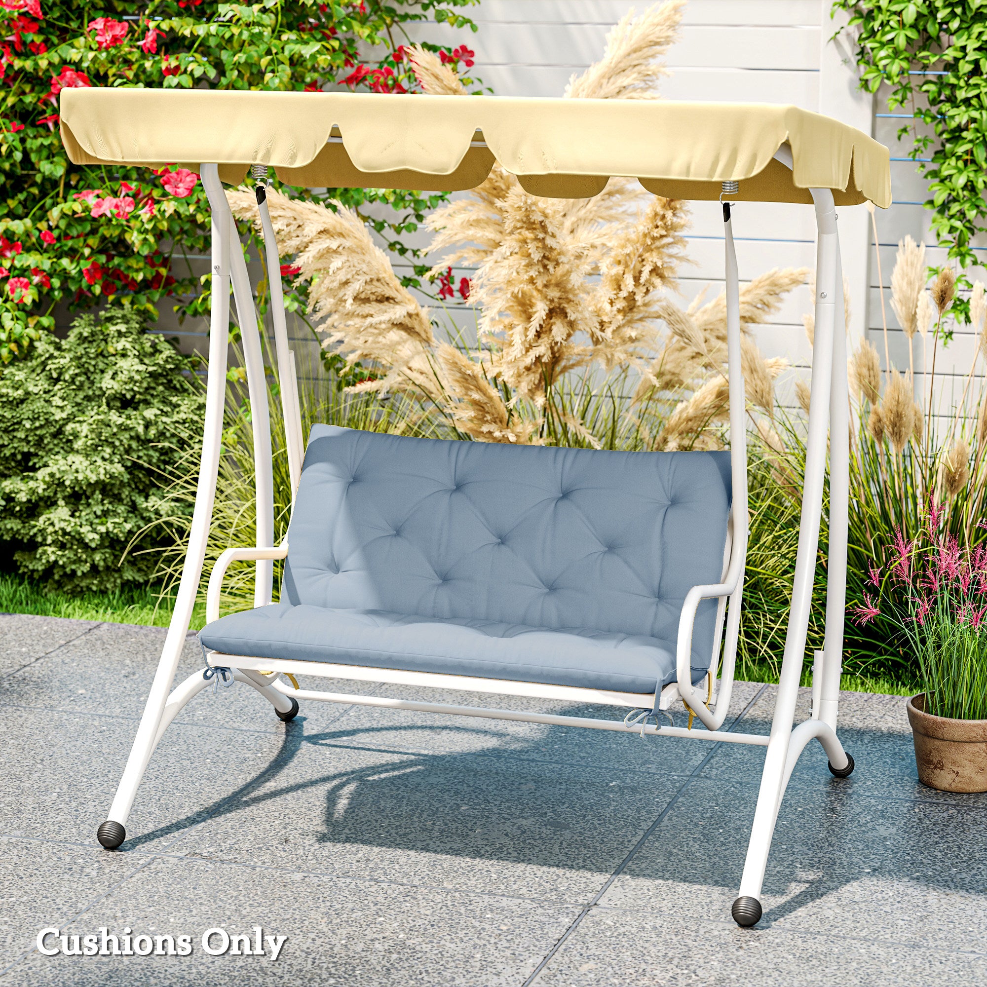 Outsunny Garden Bench Cushion with Backrest, Non-Slip 2 Seater Thick Pad with Ties, Blue