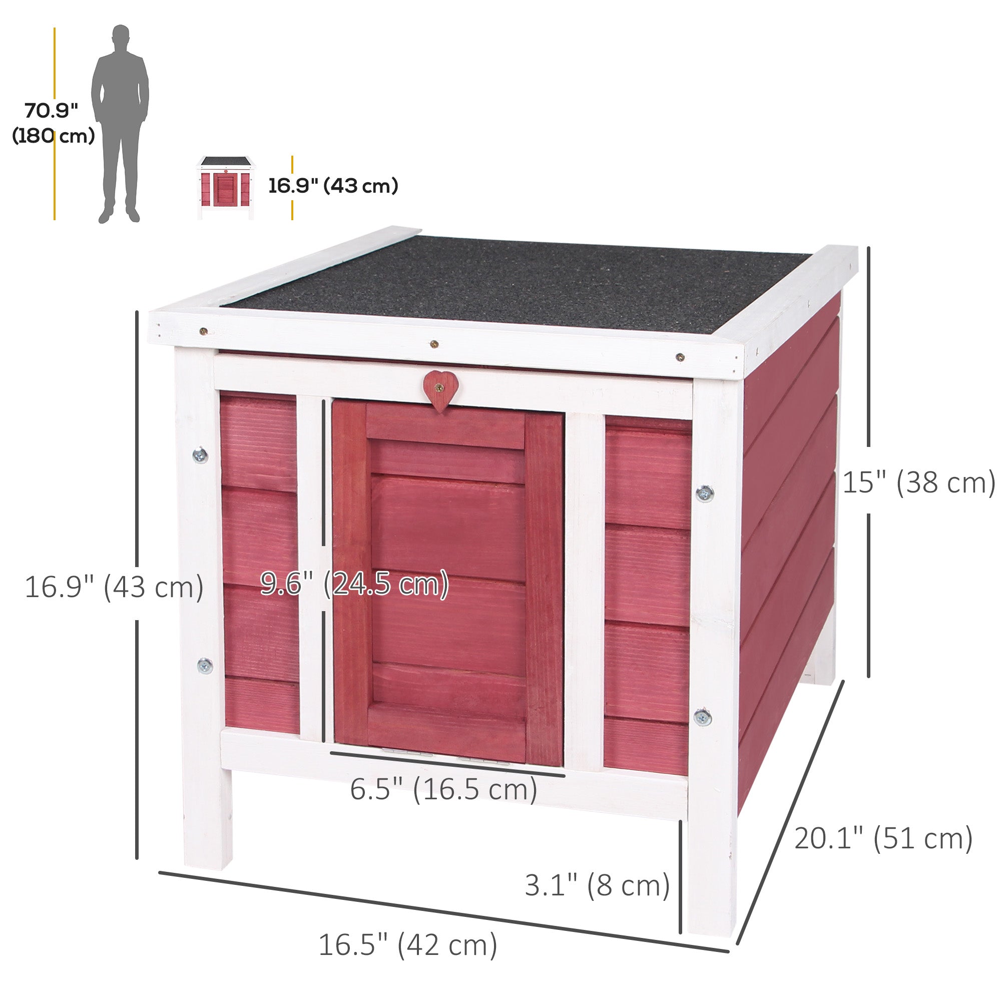 PawHut Wooden Rabbit Hutch Bunny Cage Outdoor Cat House Guinea Pig Cage Duck Shelter, Indoor Outdoor Use, 20"x16.5"x17", Red