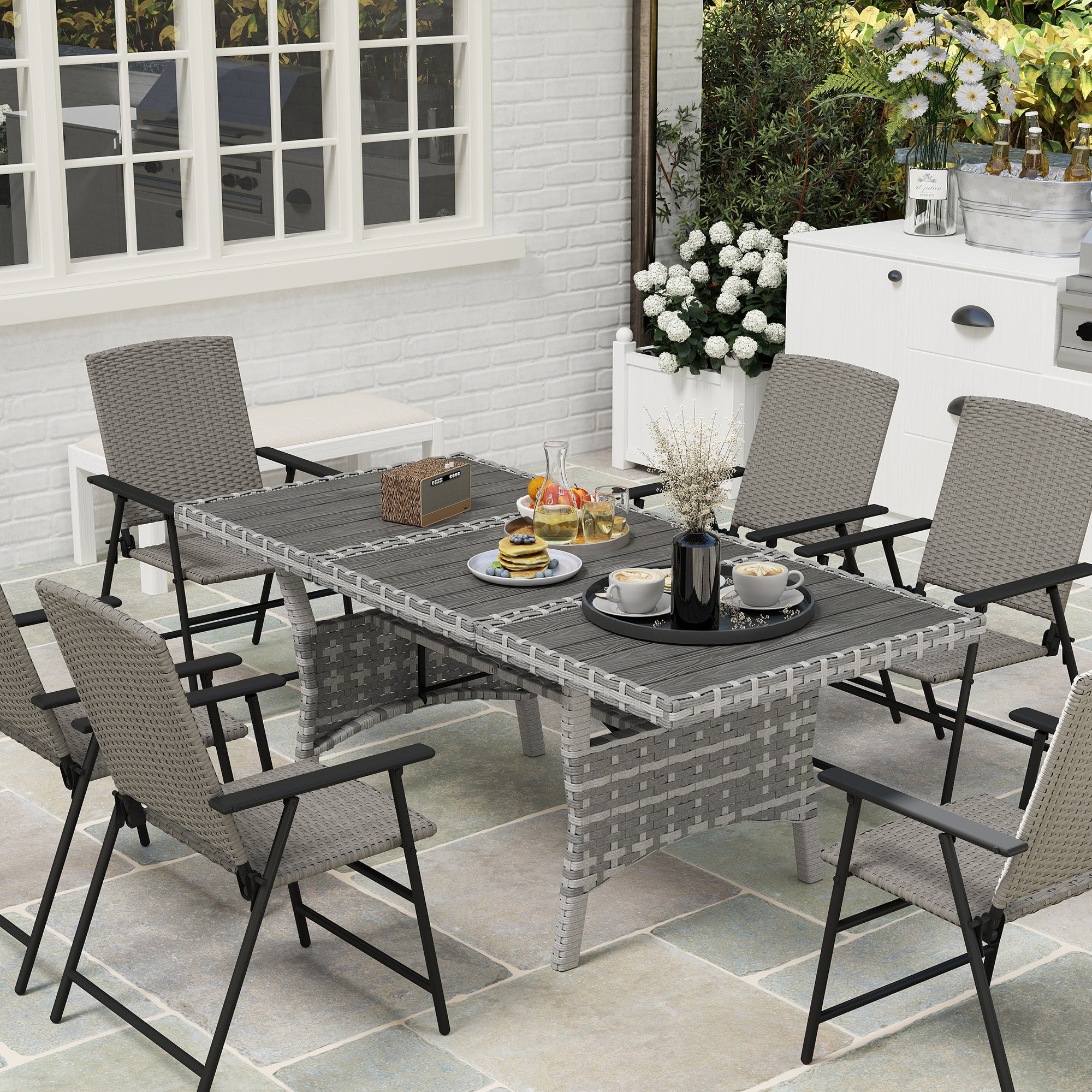 Outsunny 75" Outdoor Dining Table for 6-8, Wicker Patio Table with Storage Shelf and WPC Slatted Top for Balcony, Grey