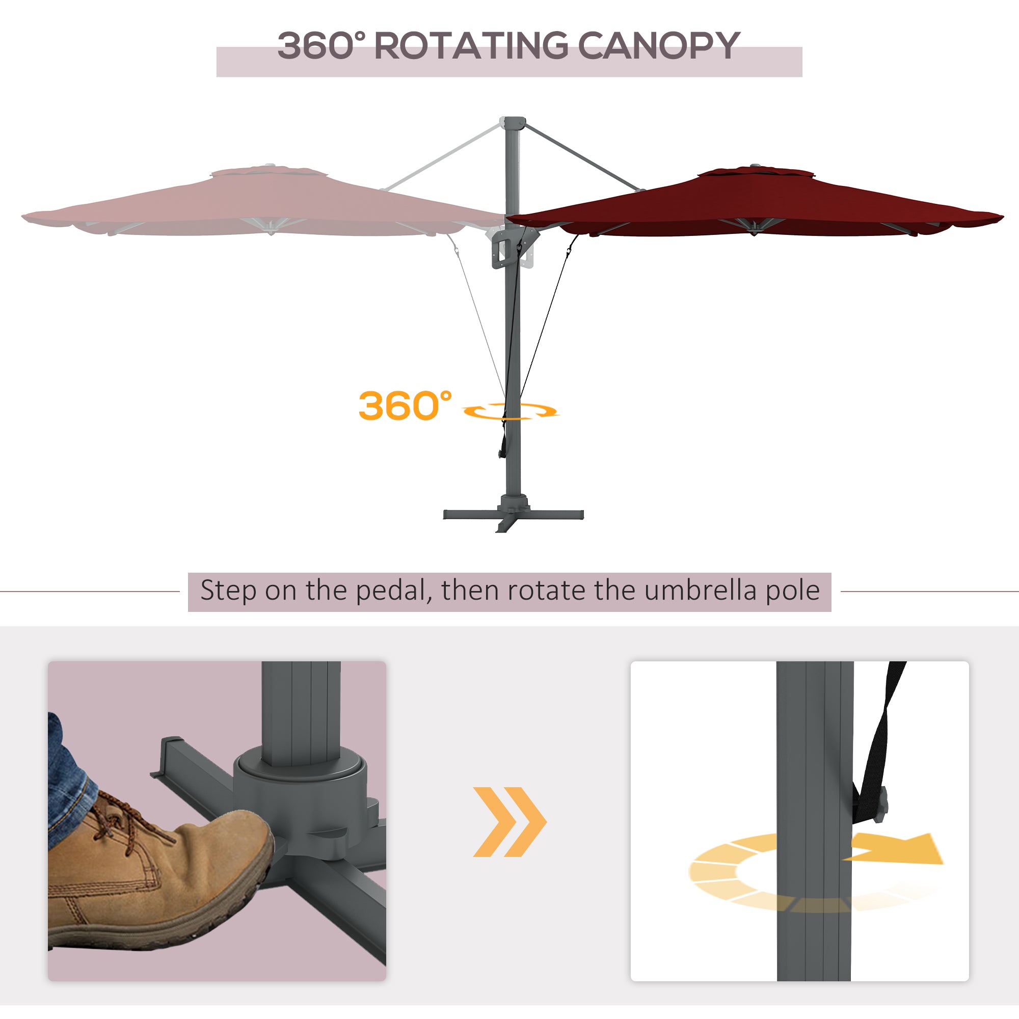 Outsunny 13 FT Cantilever Umbrella, Aluminum Hanging Offset Umbrella with 360°Rotation, Crank, Tilt, Cross Base, Red