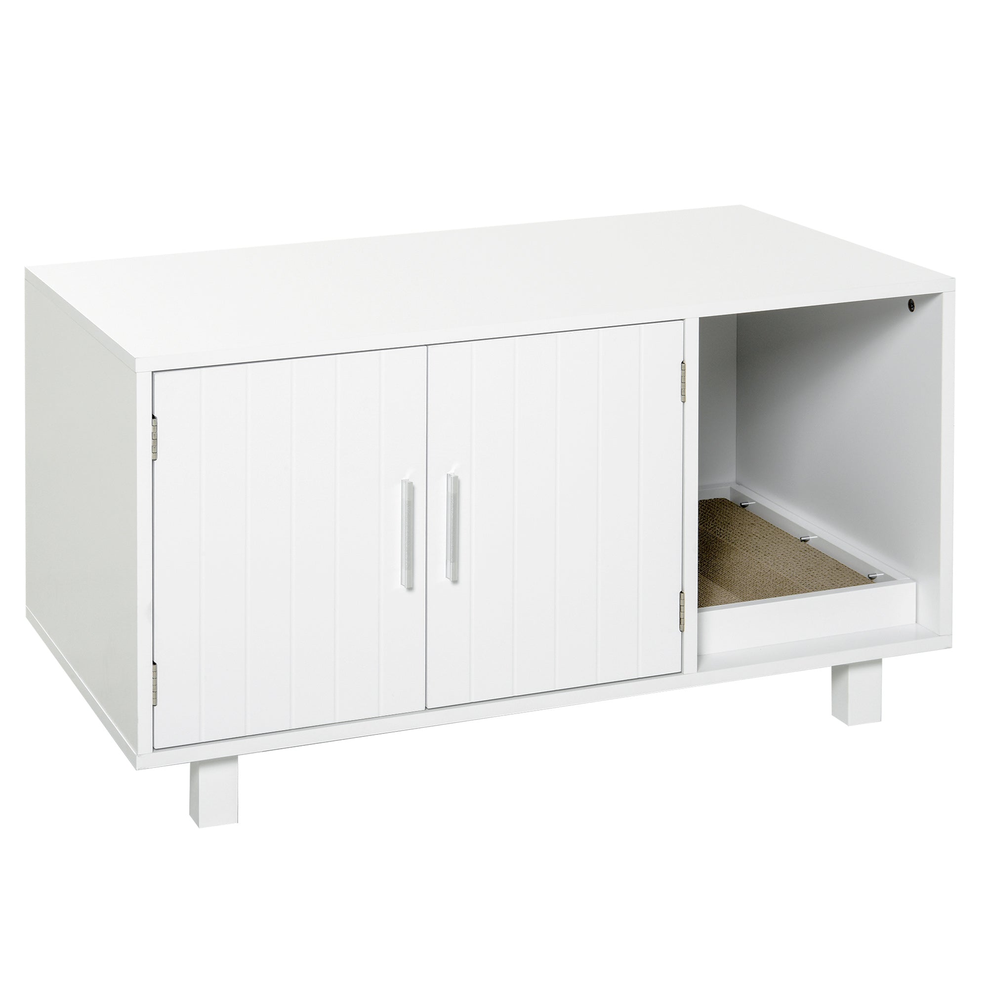 PawHut Cat Litter Box Enclosure, Hidden Litter Box Furniture, Cat House End Table Washroom with Scratching Pad, for Indoor Cats Kittens, White