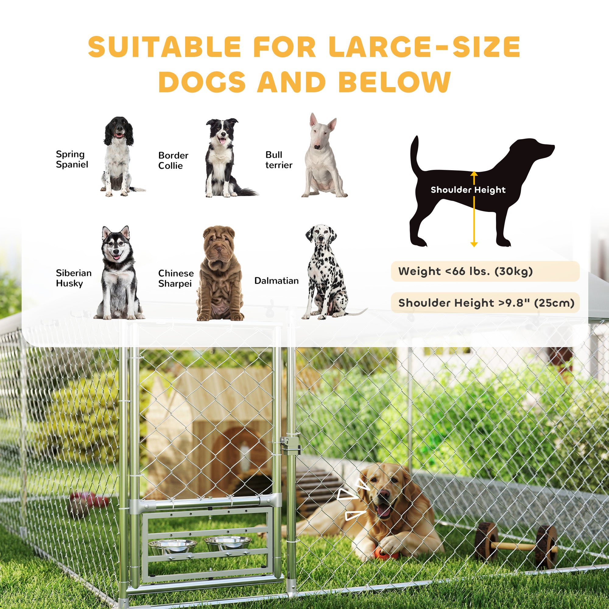 PawHut Outdoor Dog Run w/ Adjustable & Rotating Bowls, Waterproof UV-Resistant Cover, Secure Lock, 13.1' x 7.5' x 5.2'