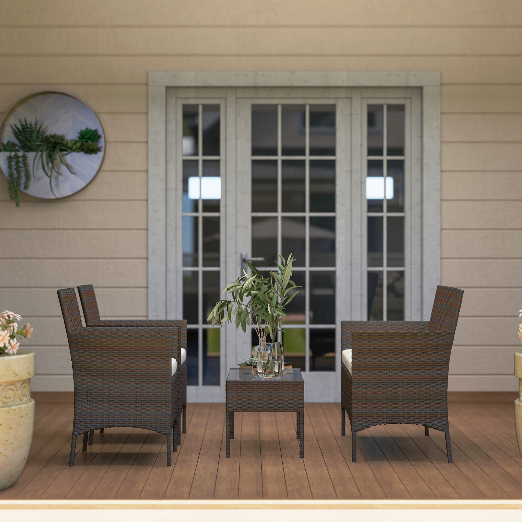 Outsunny 4 Pieces Wicker Outdoor Balcony Furniture Set Rattan Patio Furniture Set with Loveseat Chairs Glass Coffee Table Beige