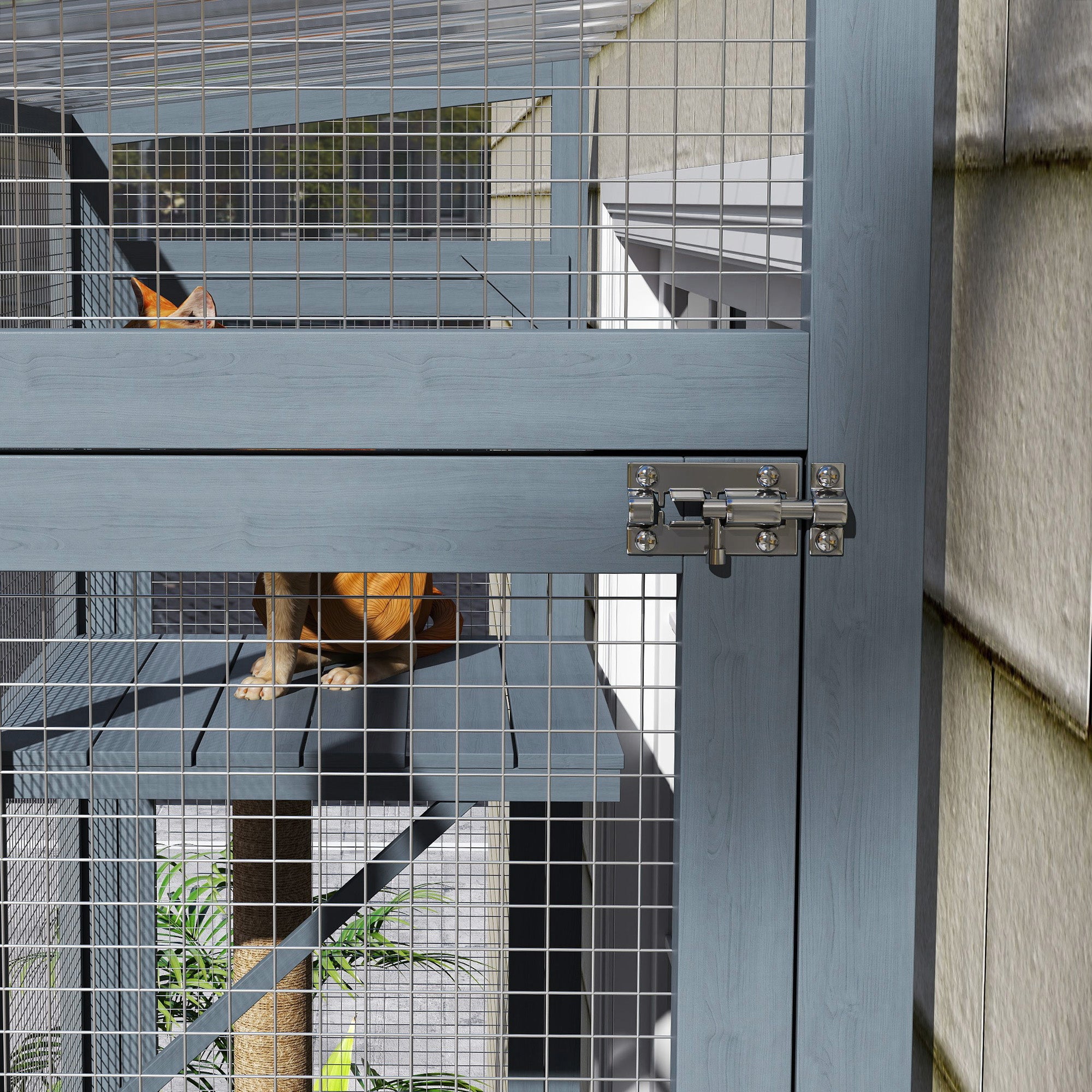PawHut Wooden Catio Outdoor, Cat Window Box Enclosure for 2-3 Large Cats with 2 Jumping Platforms & Scratching Post, Grey