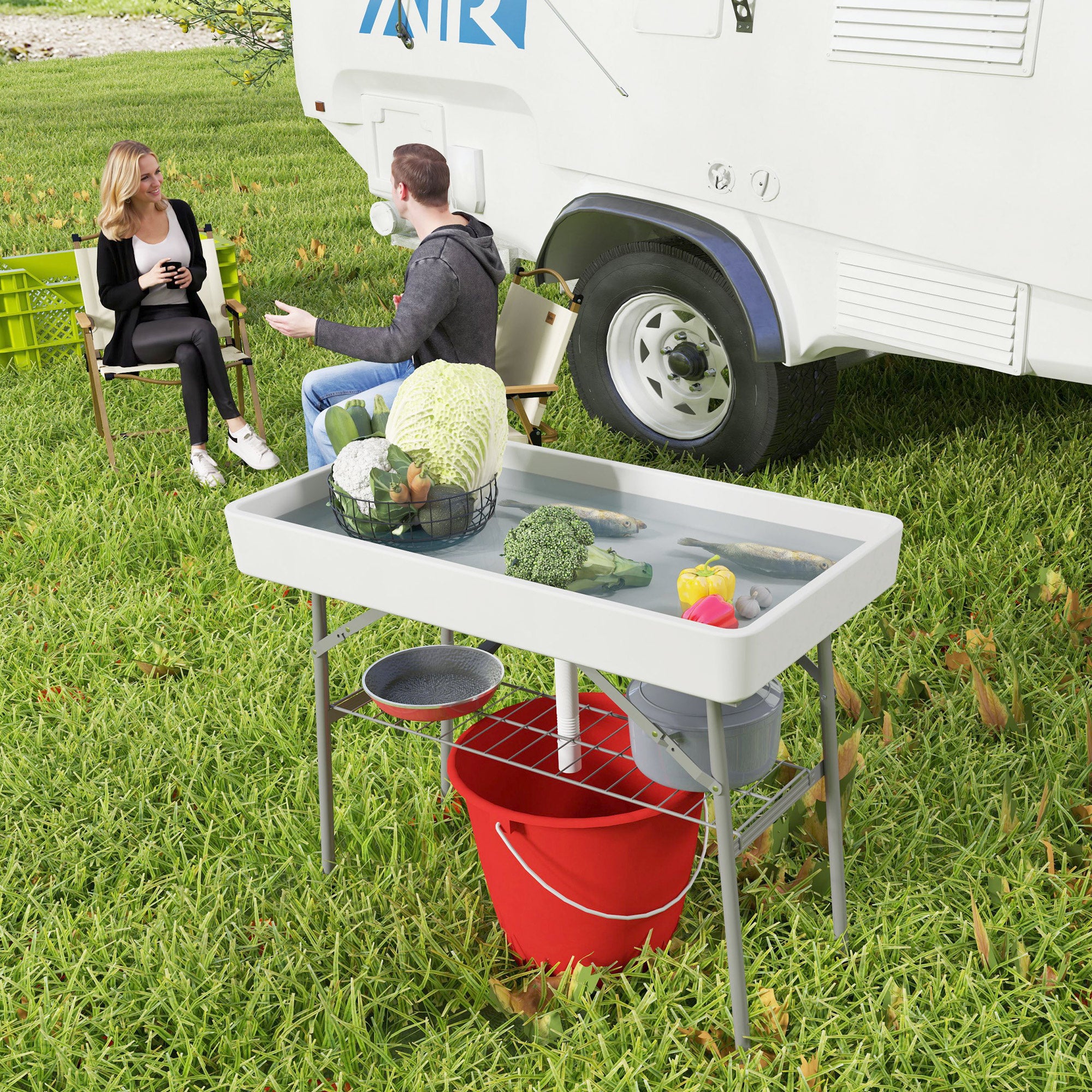 Outsunny 3.4ft Folding Ice Cooler Table with Drain, Outdoor Patio Party Cooler for Drinks, Fishing Cleaning Table with Storage Shelf for Picnic BBQ Camping Wedding, White