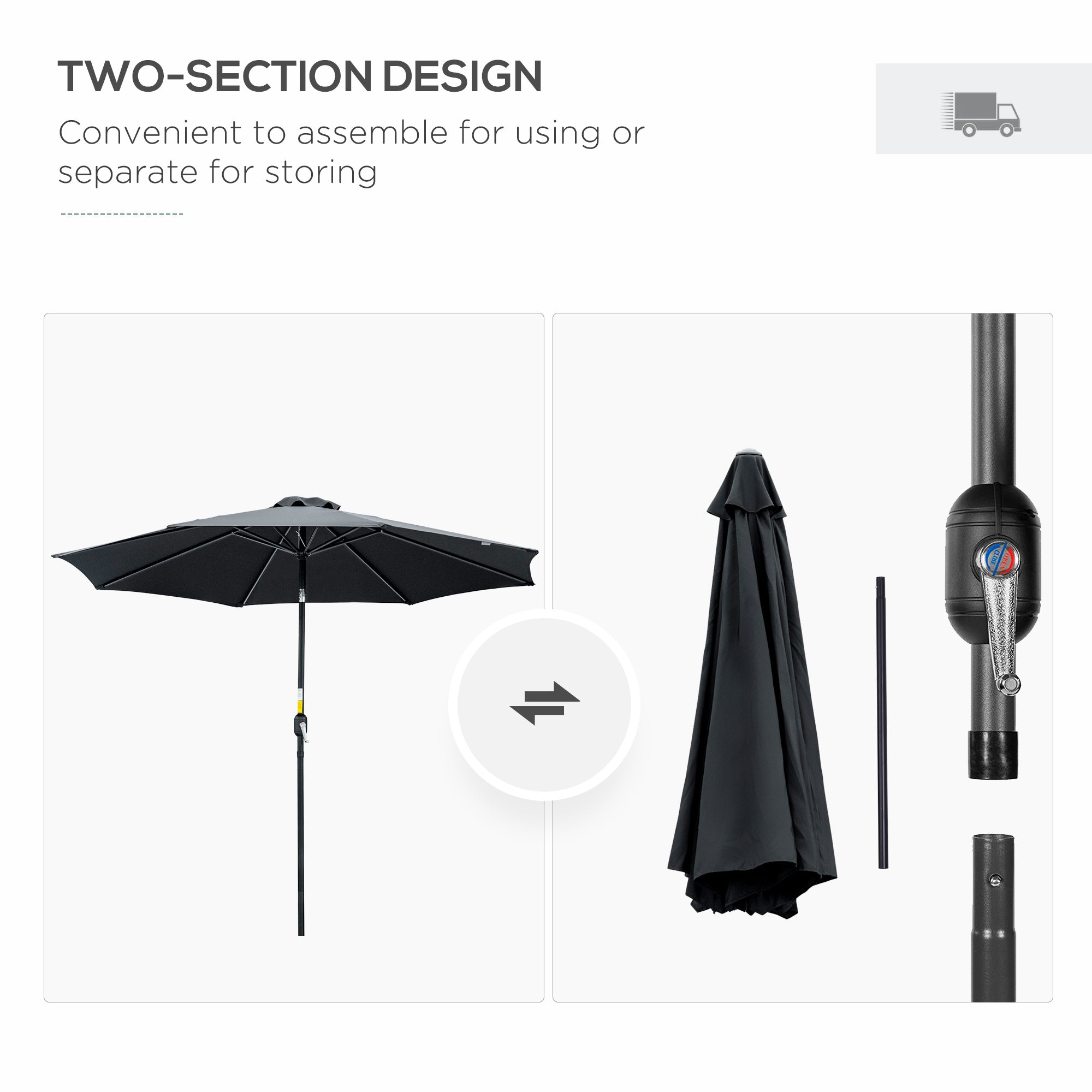 Outsunny 10' x 8' Round Market Umbrella, Patio Umbrella, Outdoor Parasol with Crank Handle, Tilt for Garden, Bench, Lawn, Black