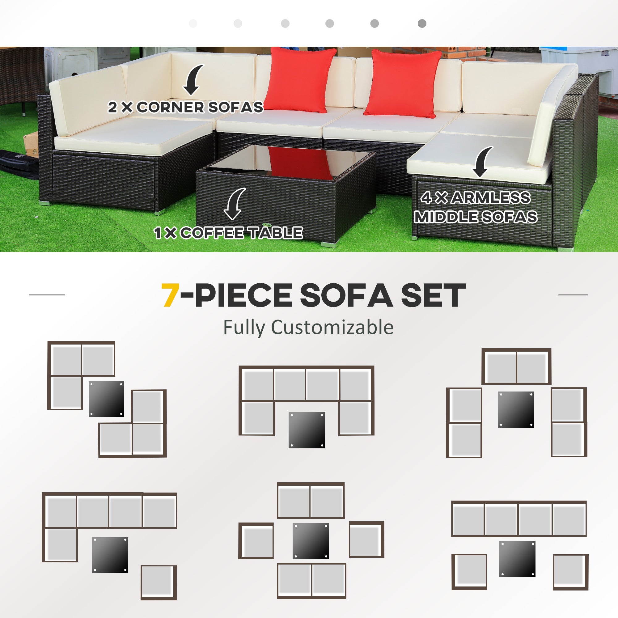 Outsunny 7 Pieces Patio Furniture Set, Rattan Outdoor Conversation Set, Garden Wicker Sofa Set, Ivory