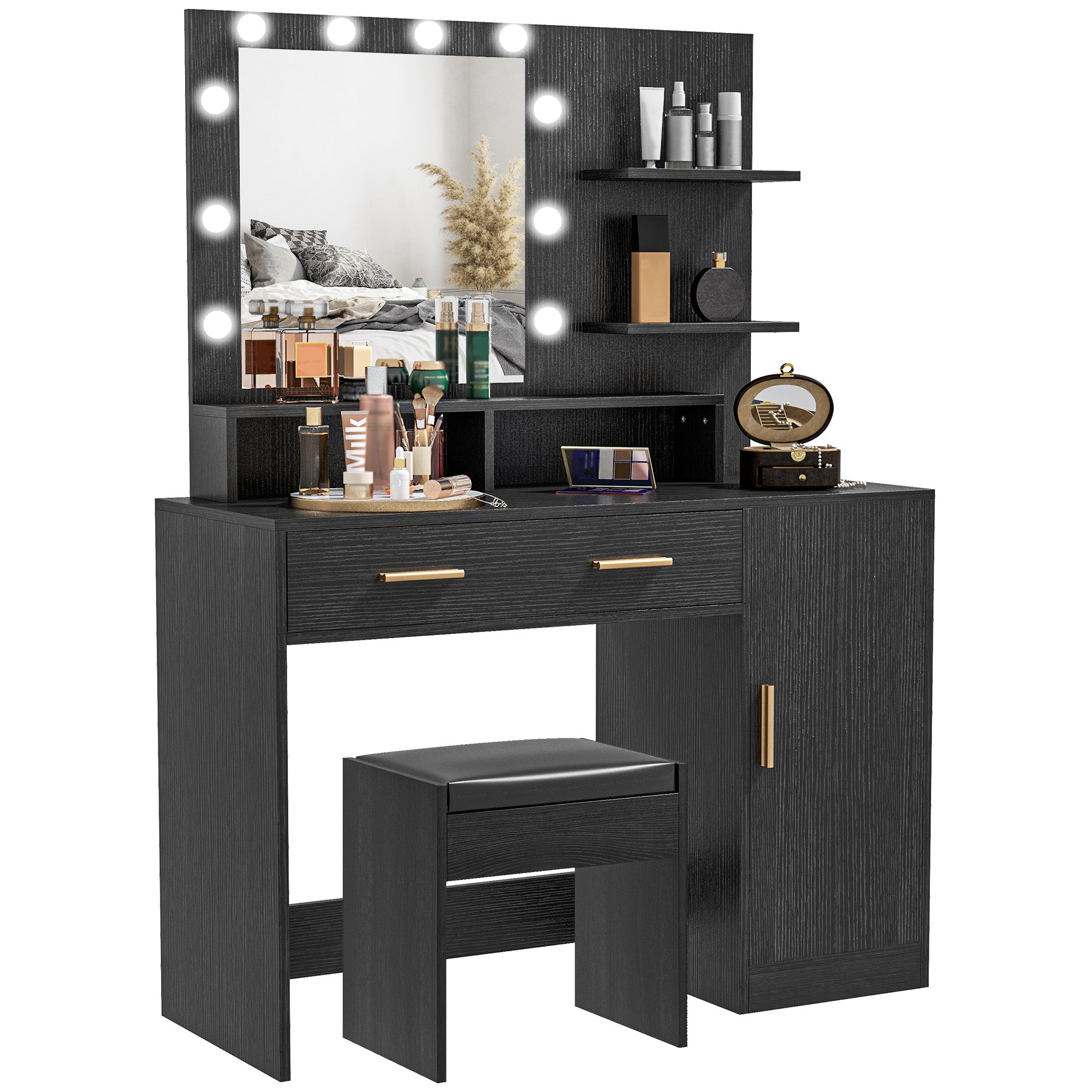 HOMCOM Illuminated Dressing Table Set, LED Vanity Table Set with Stool, LED Mirror, Drawer and Cabinet Shelves for Bedroom