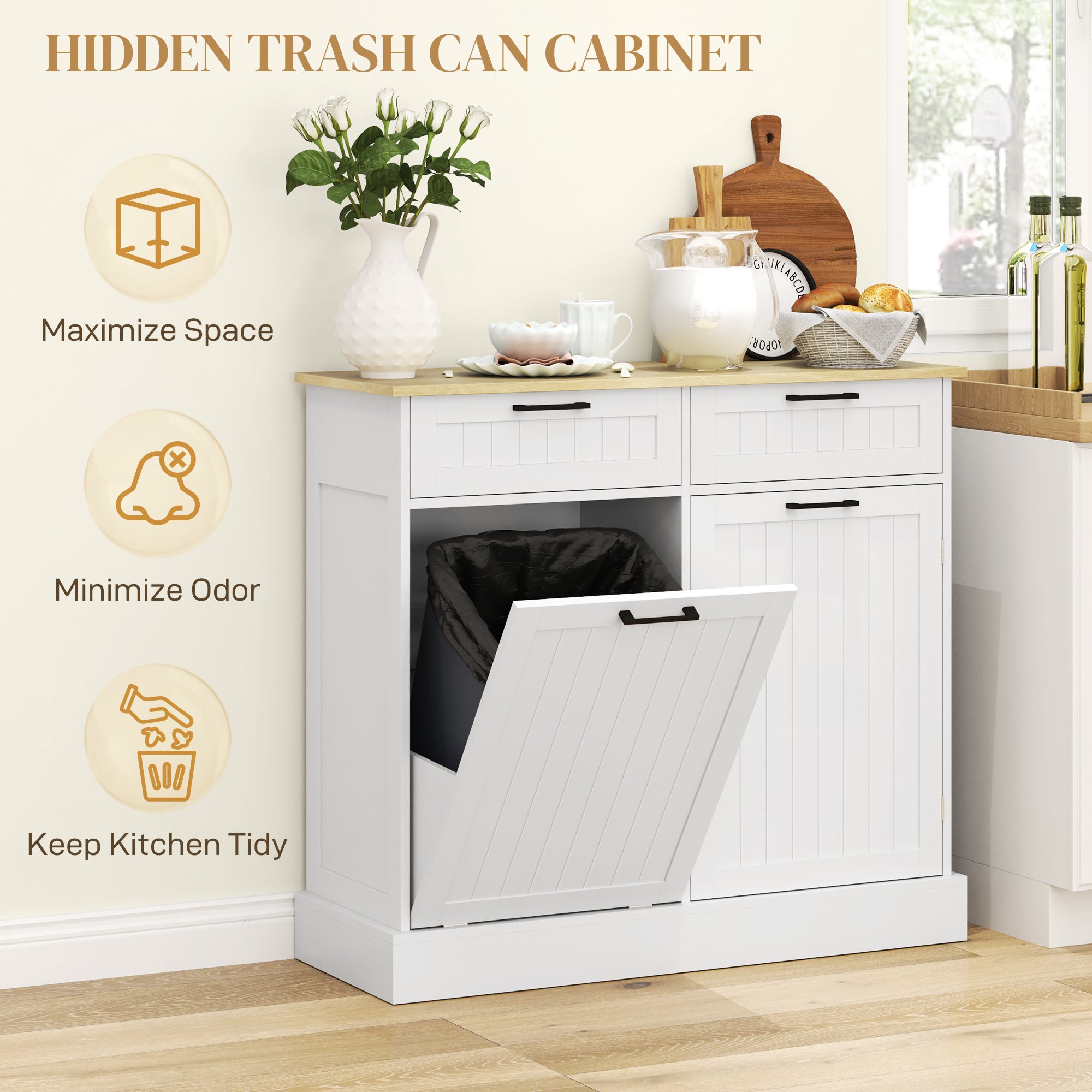HOMCOM 10 Gallon Hidden Garbage Bin Cabinet, Tilt Out Trash Cabinet w/ 2 Drawers, Freestanding Kitchen Island, White