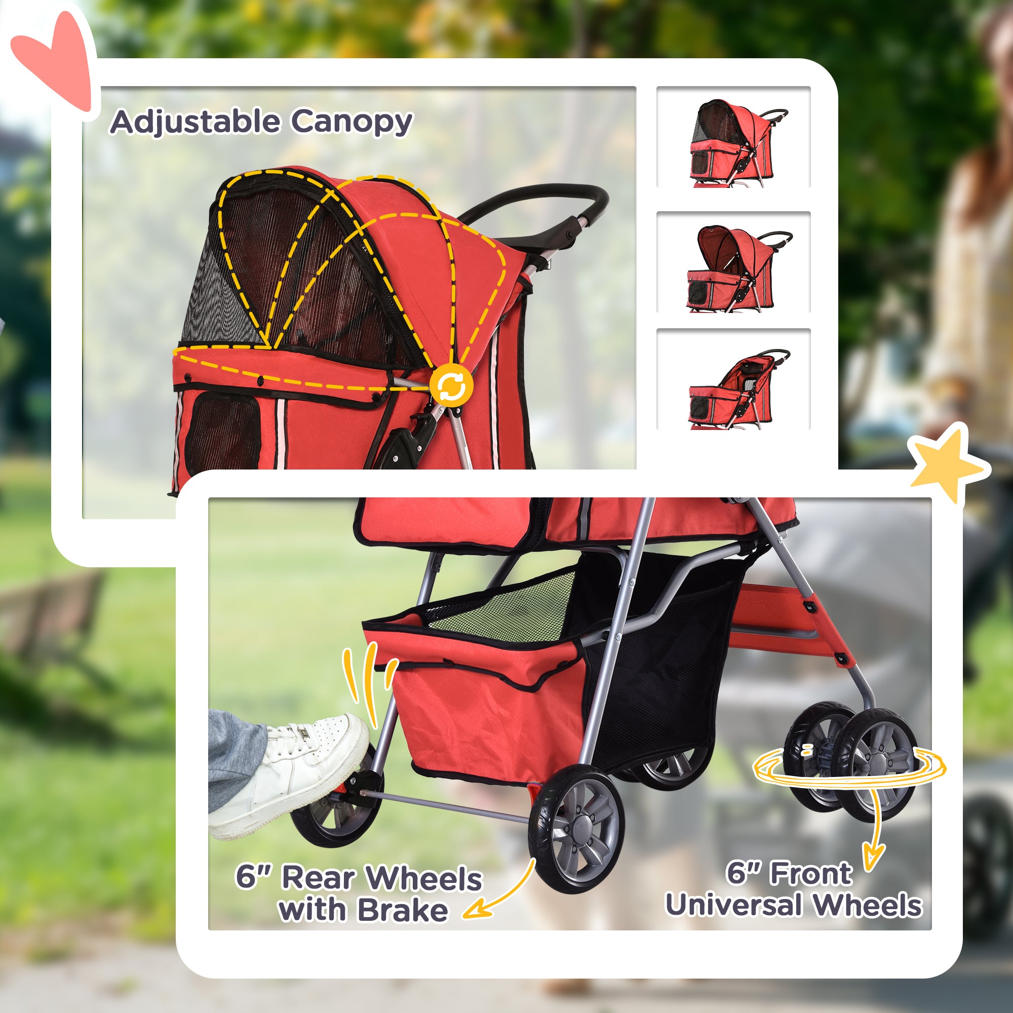 PawHut 4 Wheel Dog Pet Stroller Dog Cat Carrier Folding Sunshade Canopy with Brake, Red
