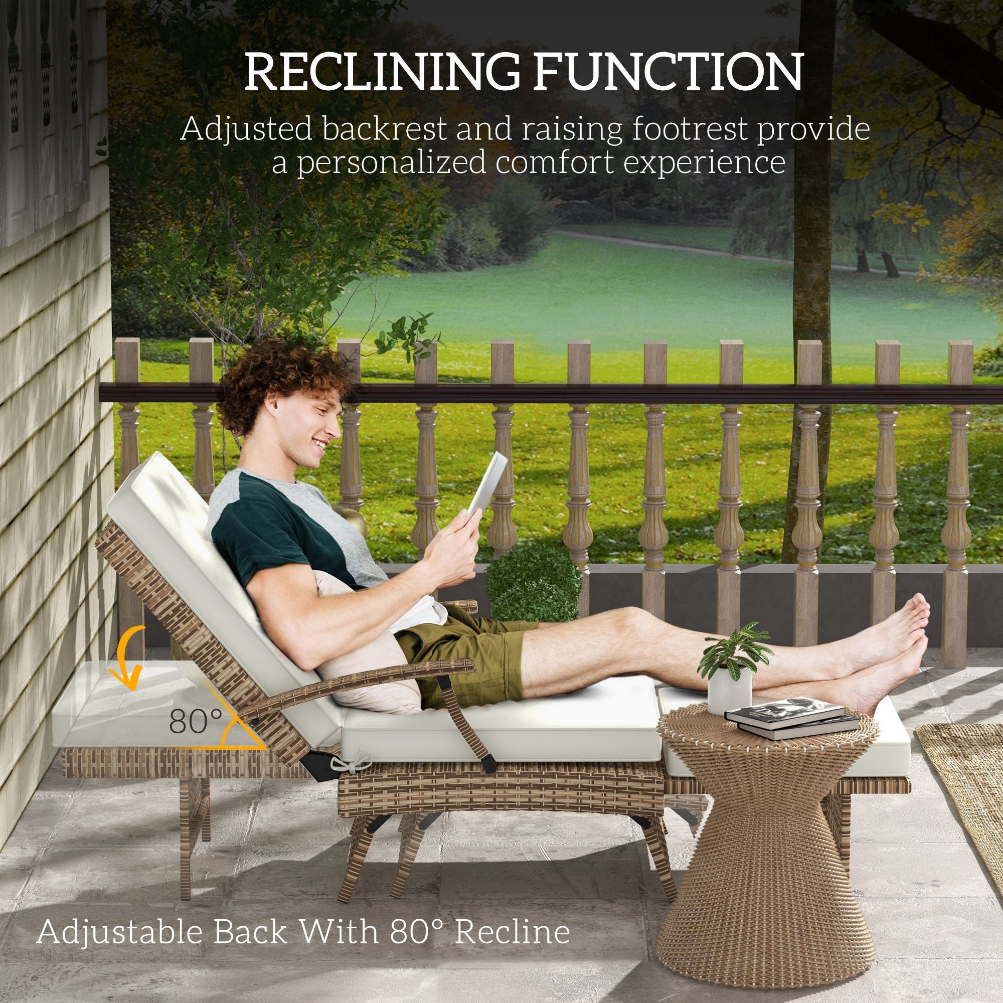 Outsunny Outdoor Wicker Foldable Recliner Chair with Retractable Footrest, Cushion, White