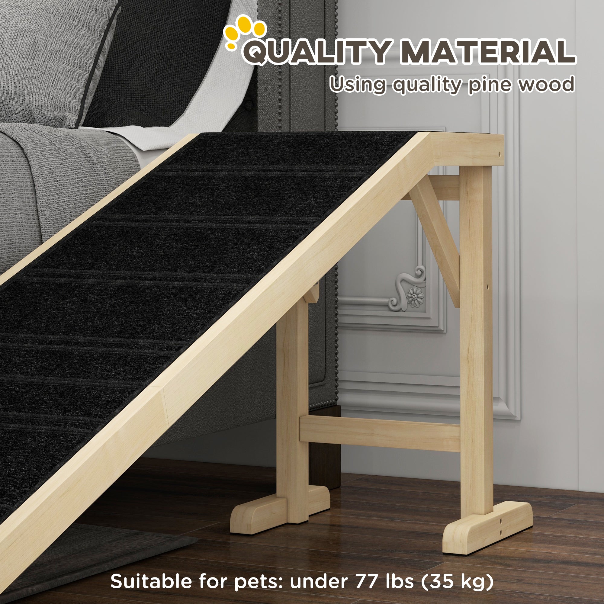 PawHut Pet Ramp Bed Steps for Dogs Cats Non-slip Carpet 74"L x 16"W x 25"H Natural